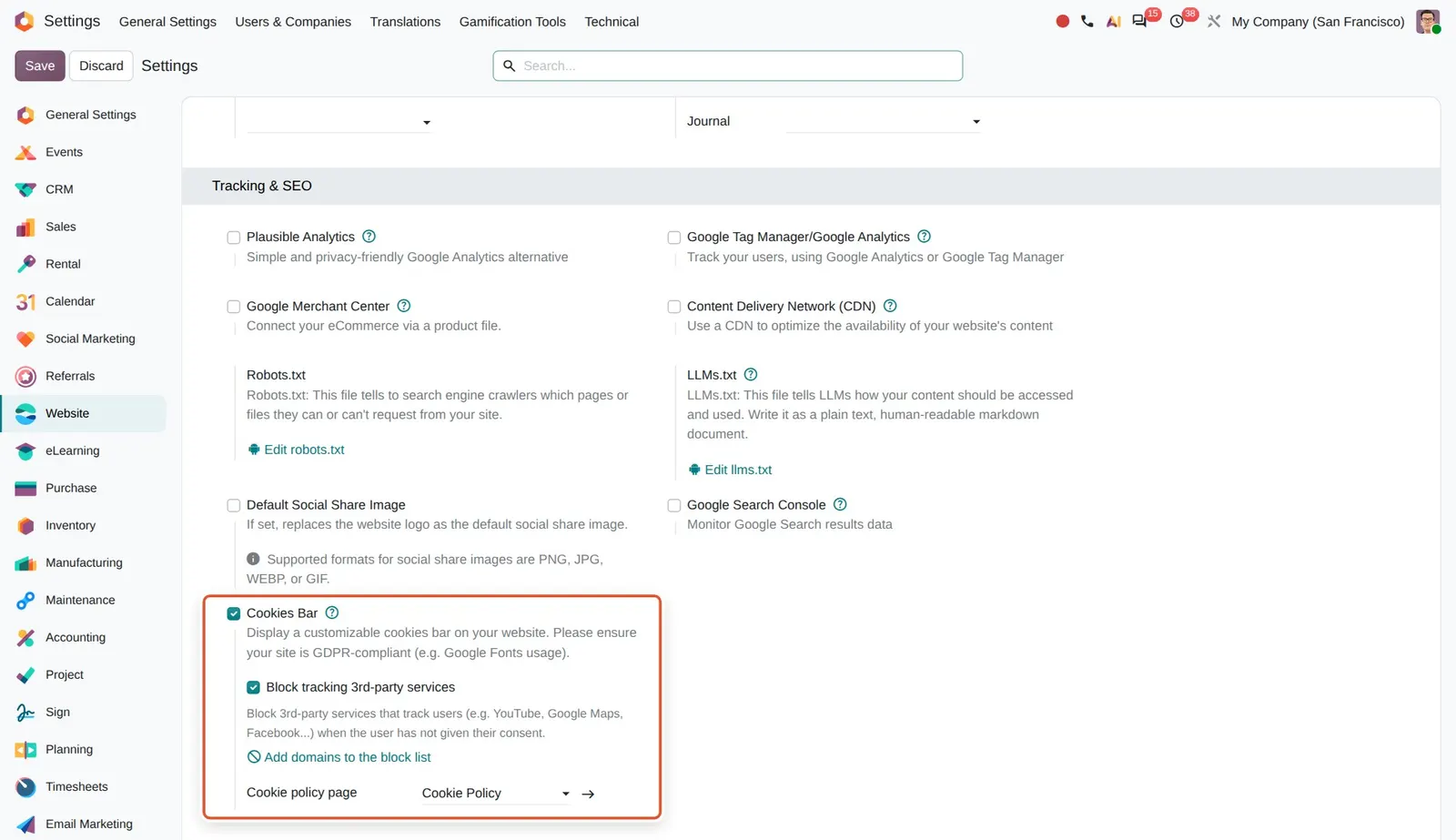 Odoo 20 Cookies: The Cookie policy page selector, limited to pages that belong to this website.