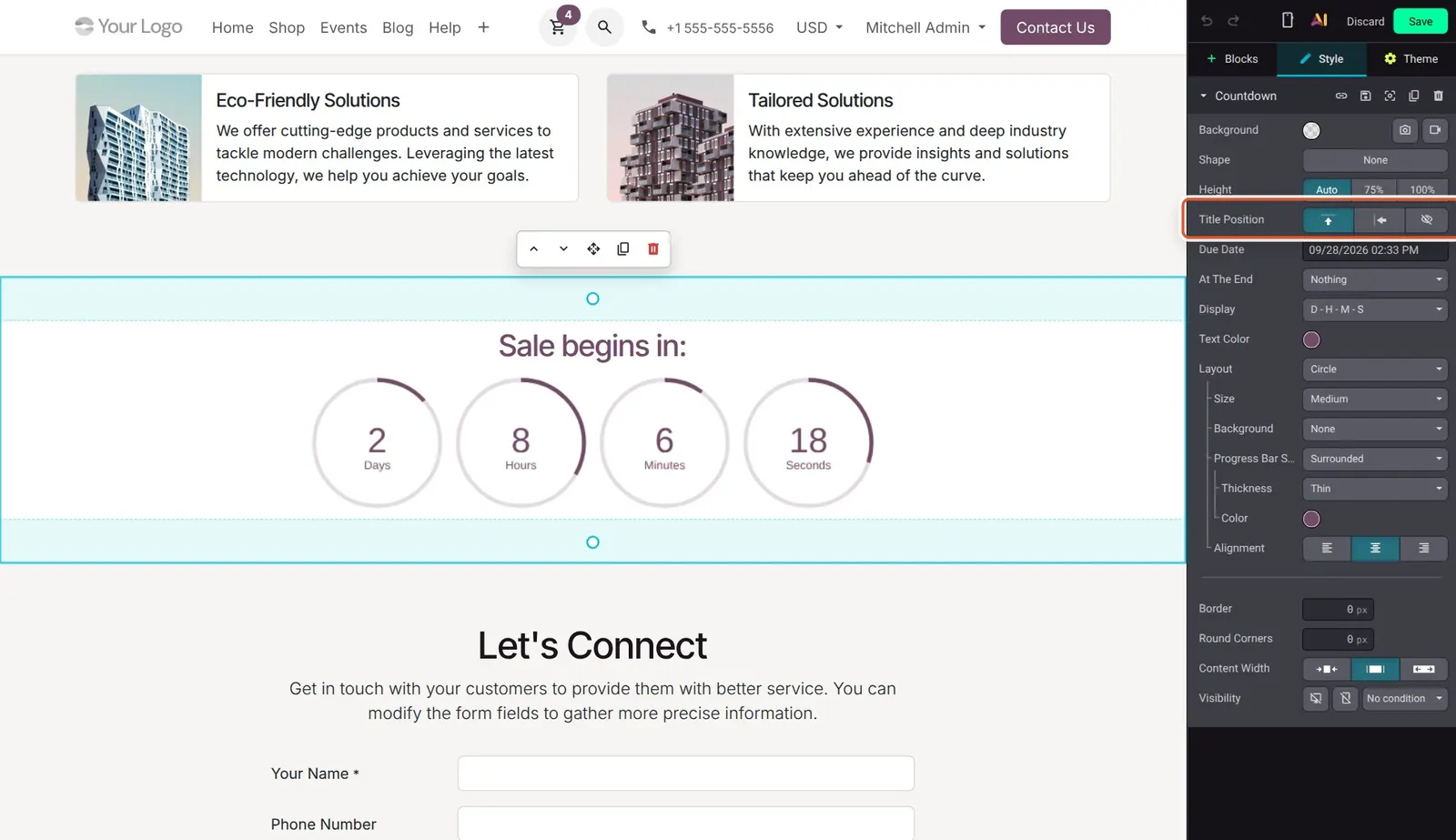 Odoo 20 Countdown snippets: The Countdown panel with the new Title Position control.