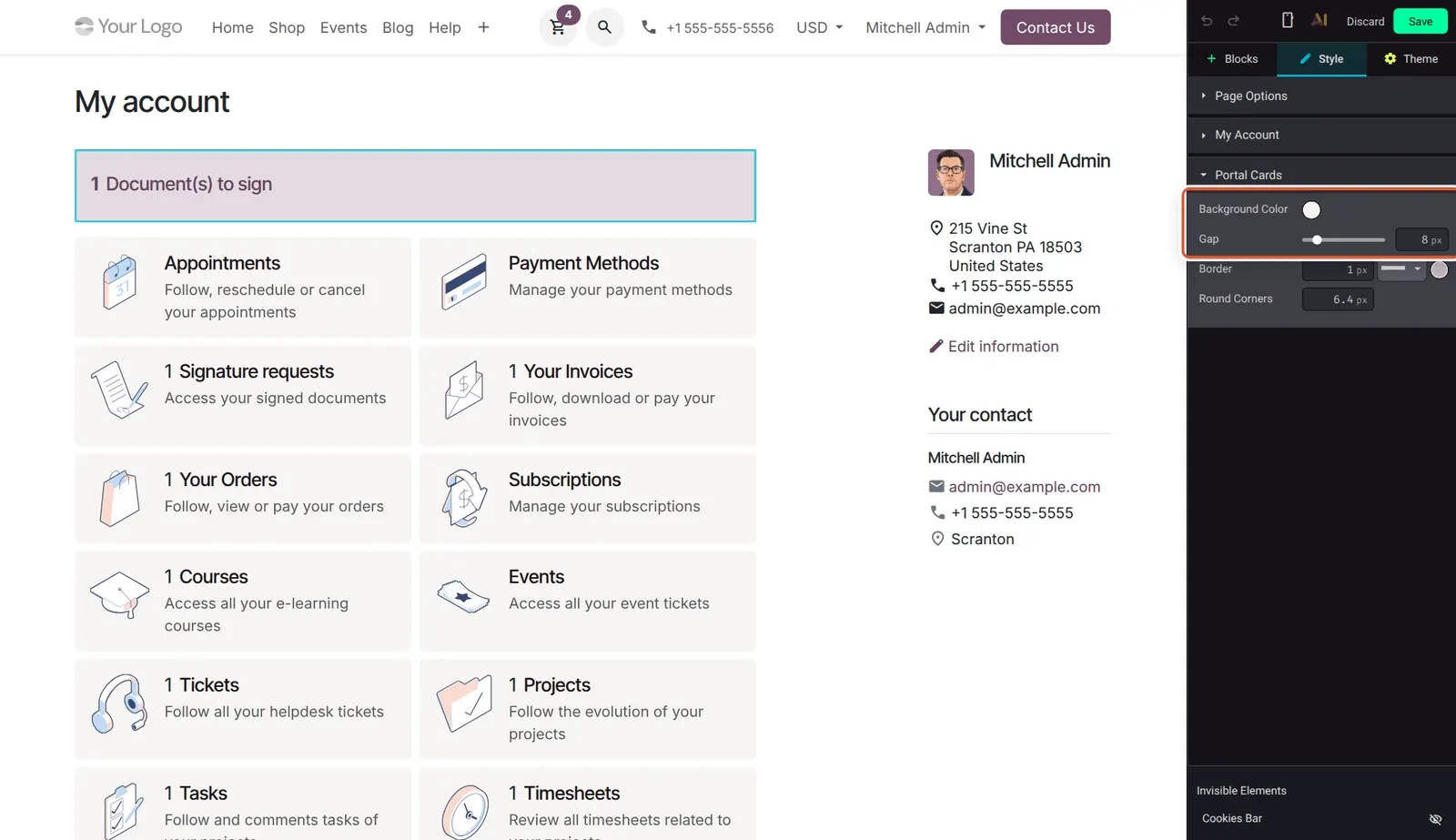 Odoo 20 Customizable portal cards: The new Background Color and Gap options for the portal homepage's account cards.