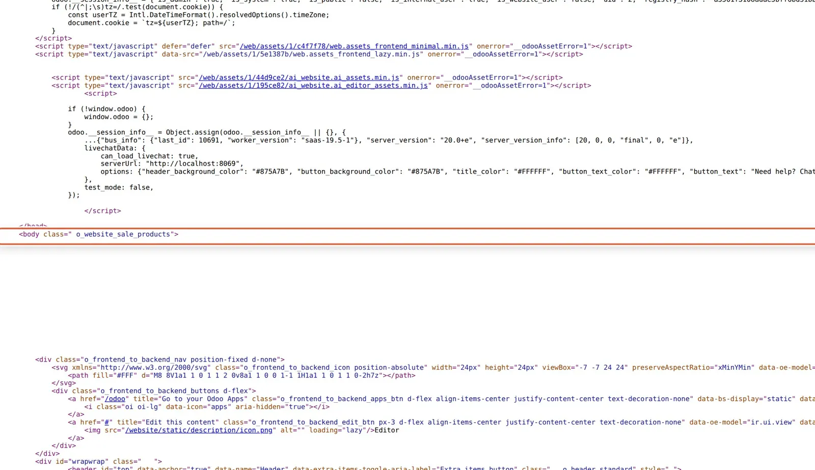 Odoo 20 DOM elements: The rendered page's own <body> tag, now carrying the automatic o_website_sale_products class.