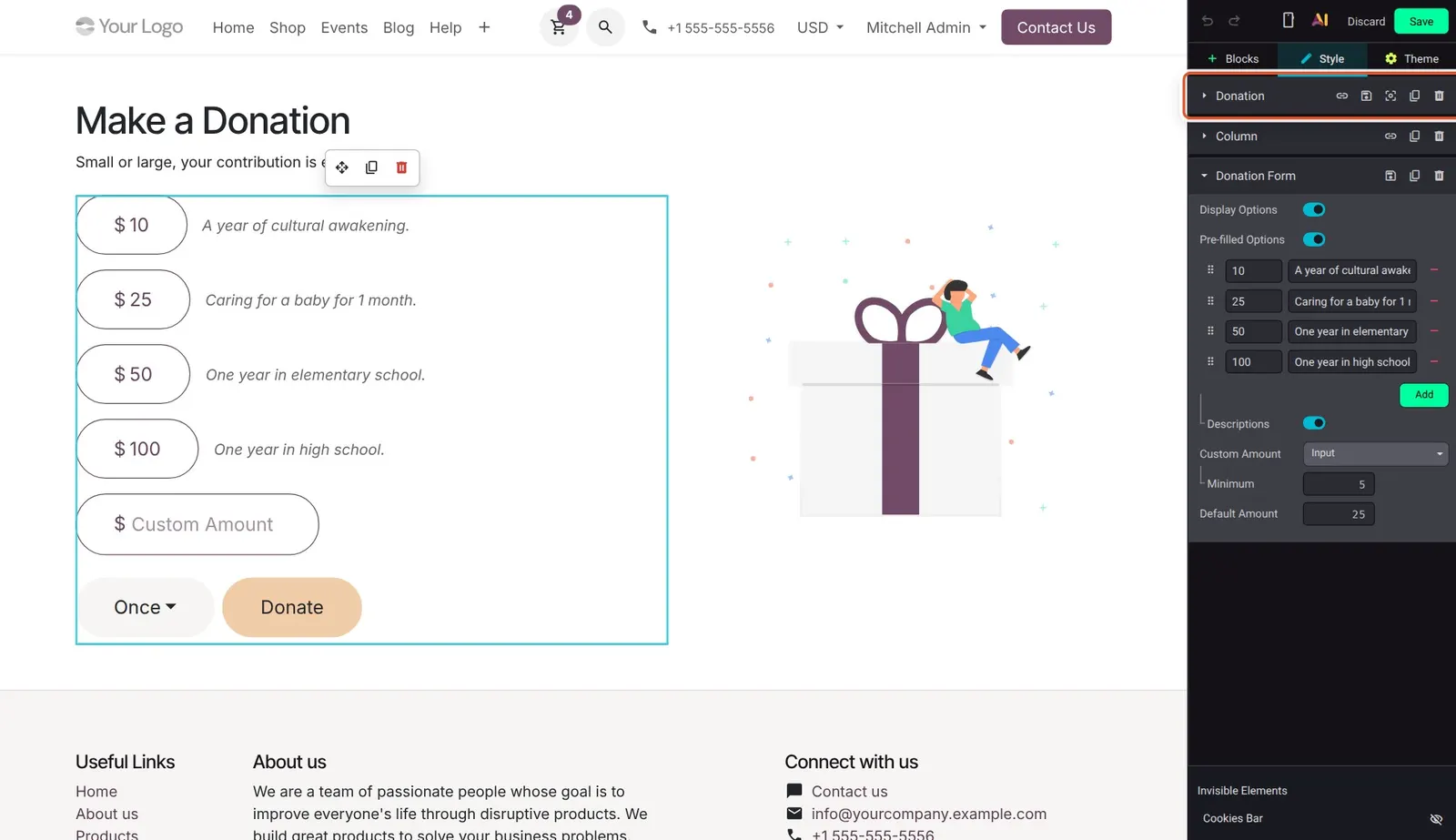 Odoo 20 Donation snippet customization: The Donation Form options panel; submissions from this block now go through the standard eCommerce checkout.