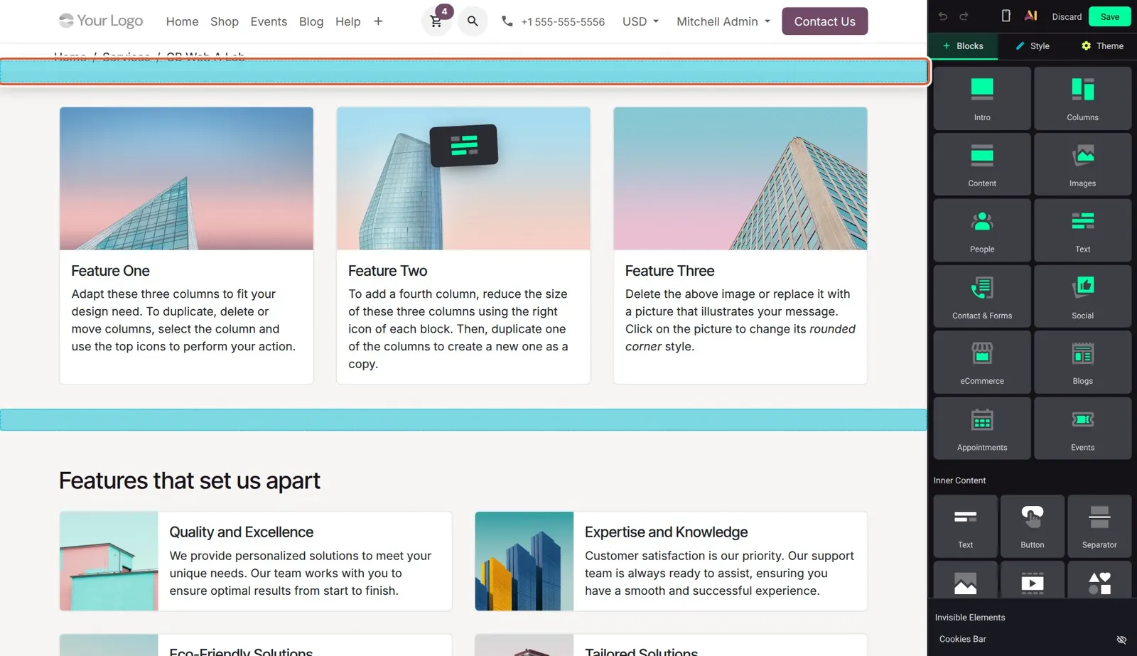 Odoo 20 Dropzones and overlays: A block being dragged onto the page, showing the new striped drop zone band above the content.