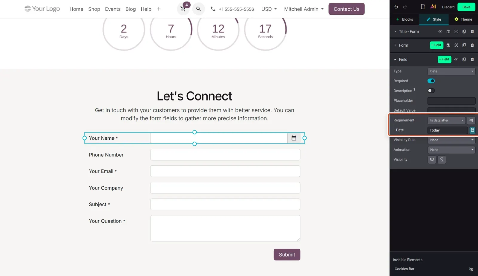 Odoo 20 Dynamic "Today" value: A date field's requirement set to "Is date after" with its comparison date set to the dynamic value Today.