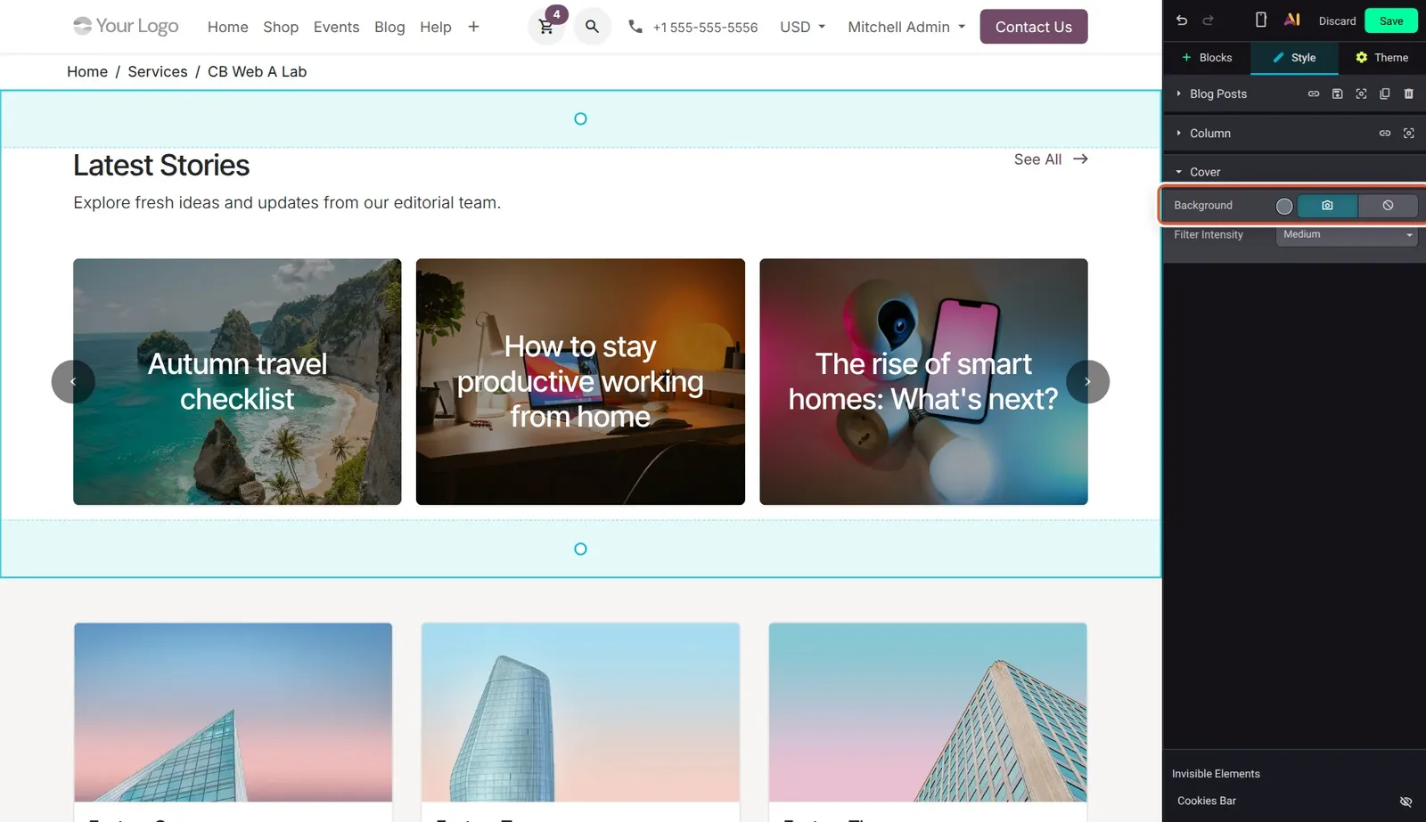 Odoo 20 Dynamic carousels: The new Blog Posts Carousel block added to a page, with its Style options open.