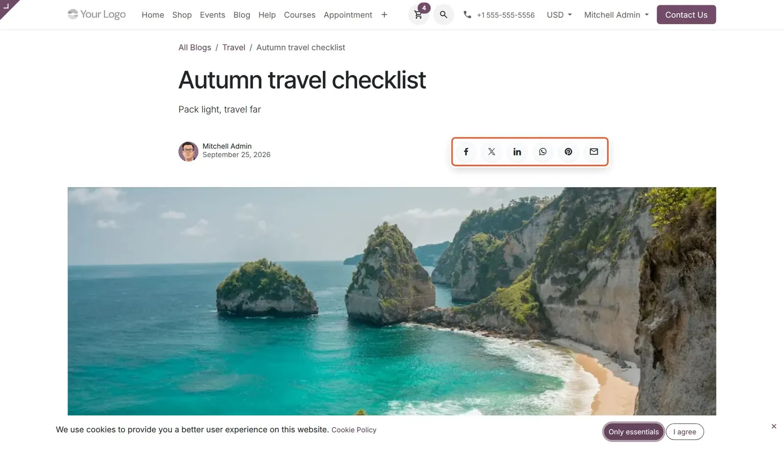 Odoo 20 Events, Jobs, and Blog pages: A blog post's Share icons, now the standard editable Share snippet instead of a fixed sidebar block.