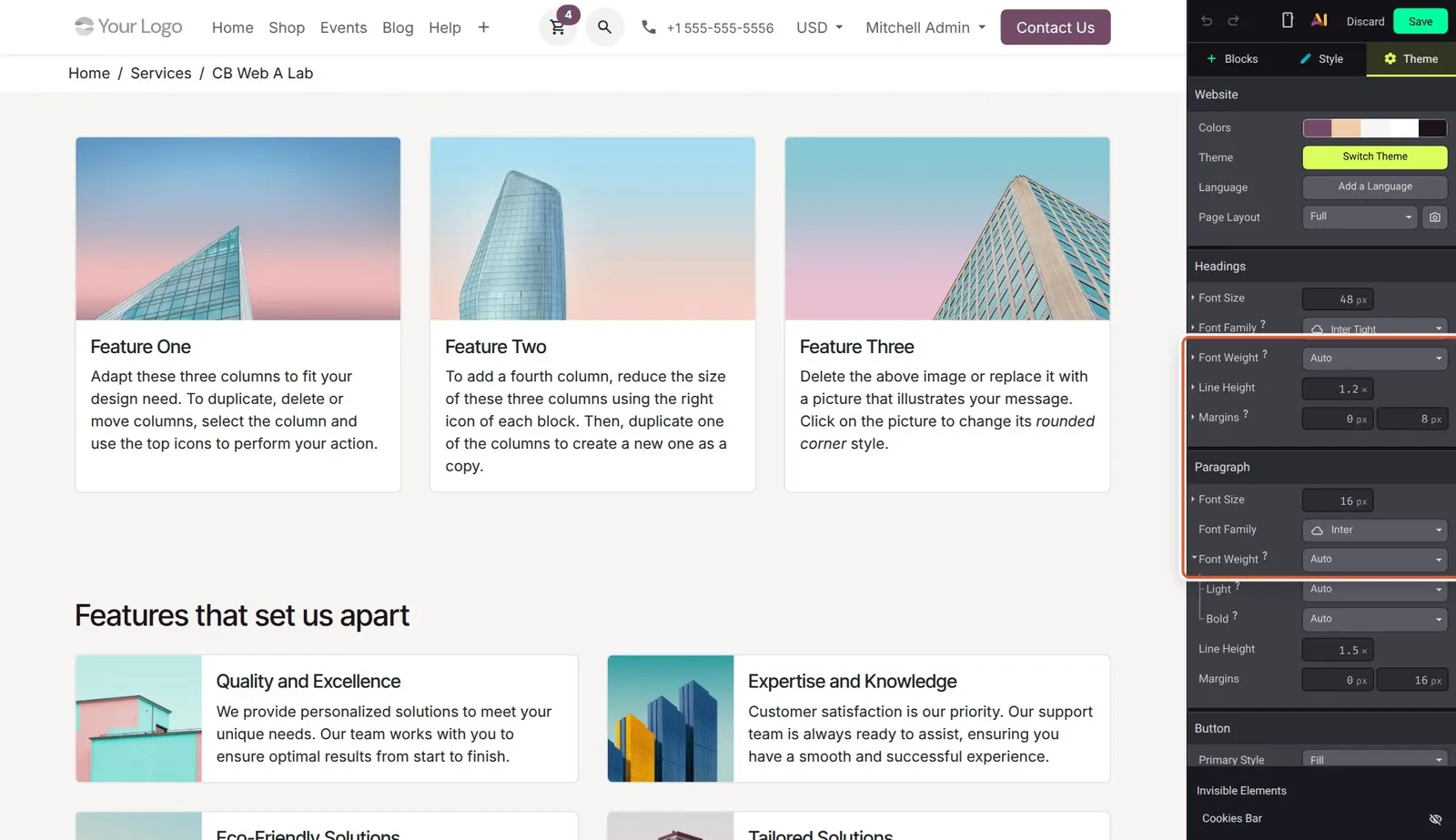 Odoo 20 Font weight selector: The Theme tab's Font Weight controls, with Light and Bold weight values shown underneath.