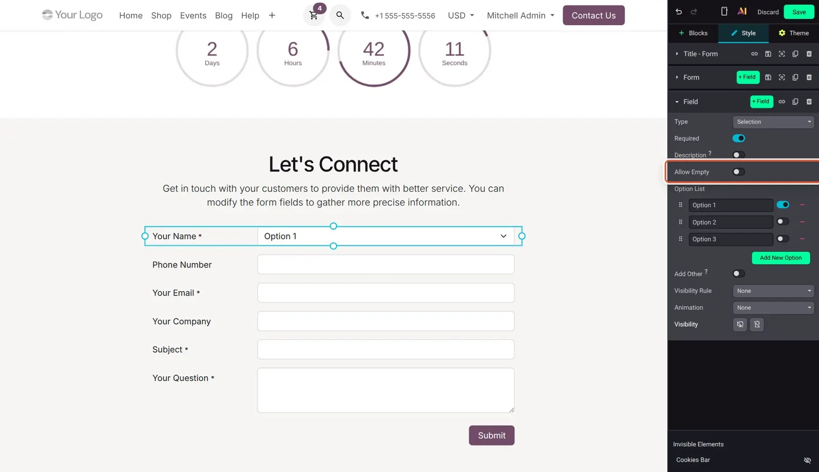 Odoo 20 Form enhancements: A dropdown field's Allow Empty option, forcing visitors to pick a value themselves.