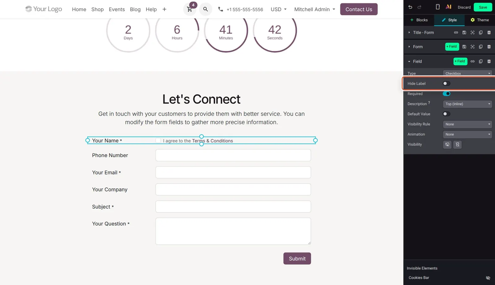 Odoo 20 Form enhancements: A checkbox field's own Hide Label design option.