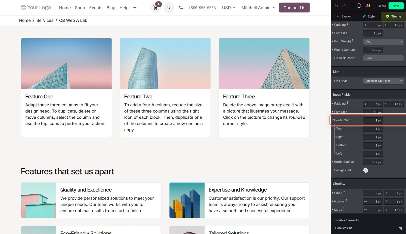 Odoo 20 Form enhancements: The Theme tab's per side Top/Right/Bottom/Left border width controls for form inputs.
