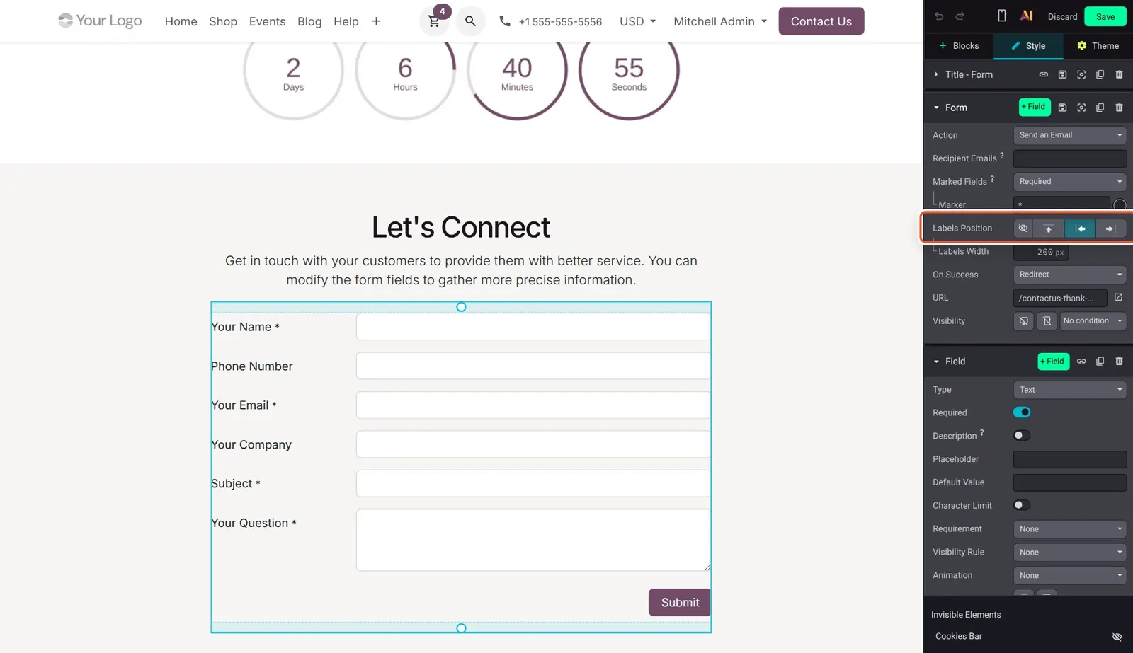 Odoo 20 Form enhancements: The form level Labels Position control, applying to every field at once.