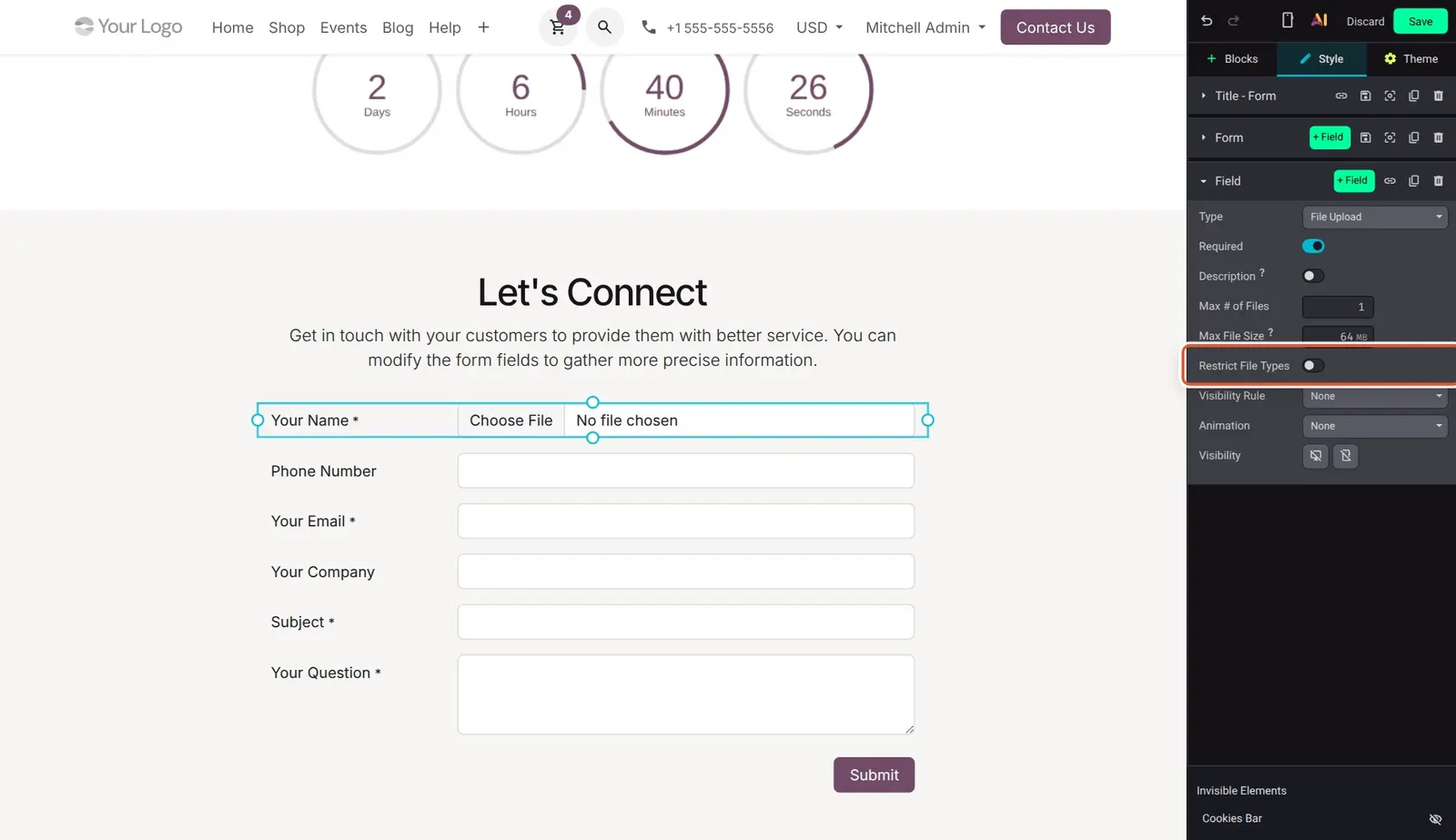 Odoo 20 Form enhancements: A file upload field's new Restrict File Types option.