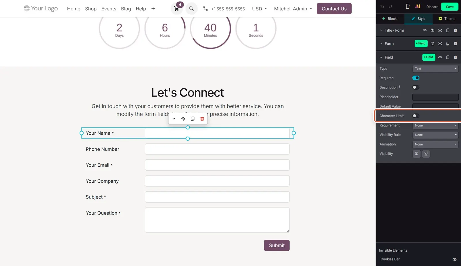 Odoo 20 Form enhancements: A text field's new Character Limit option.