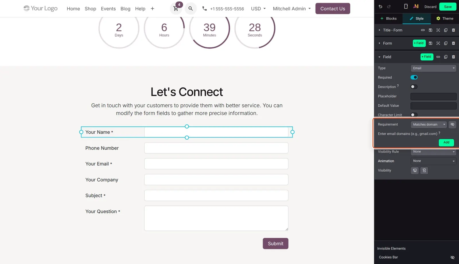 Odoo 20 Form enhancements: An email field's Requirement set to Matches domain, with the allowed domains list.