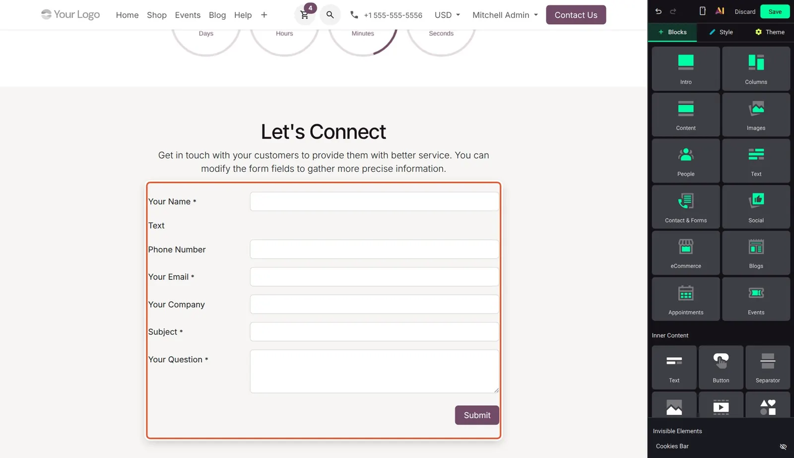 Odoo 20 Form enhancements: A Text inner content block dropped in between two of a form's own fields.