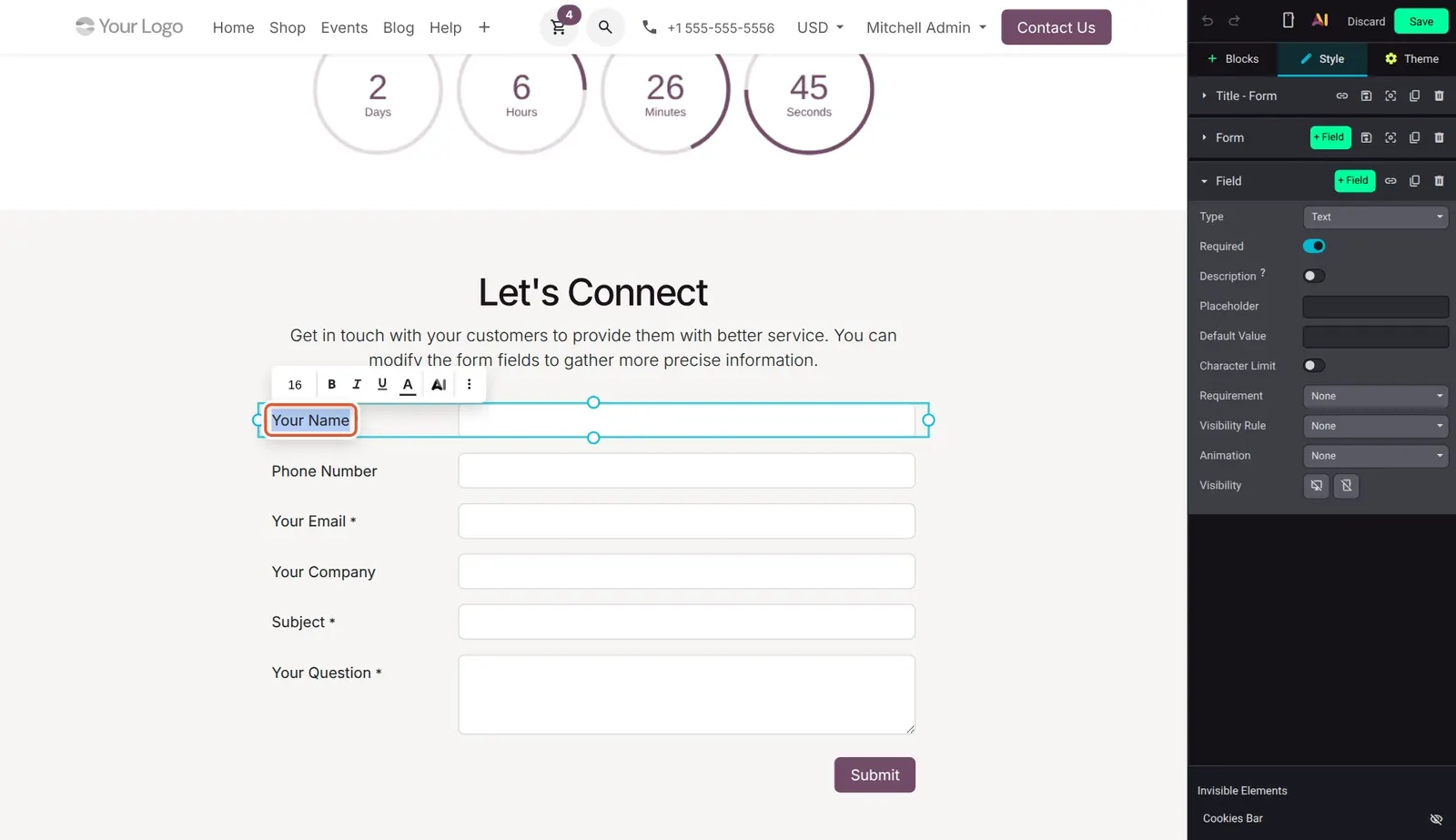 Odoo 20 Form enhancements: A field's label text selected for direct, in place editing on the form.
