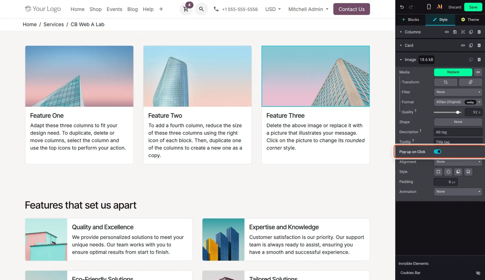 Odoo 20 Fullscreen images: An image with the new Pop-up on Click option turned on.