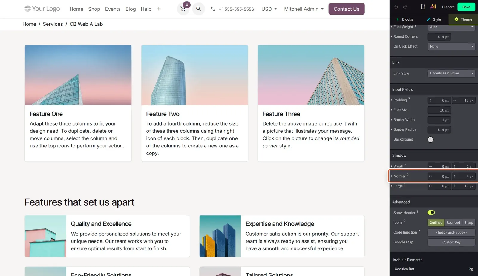 Odoo 20 General shadow options: The Theme tab's general Shadow section, with Small, Normal and Large offset controls.
