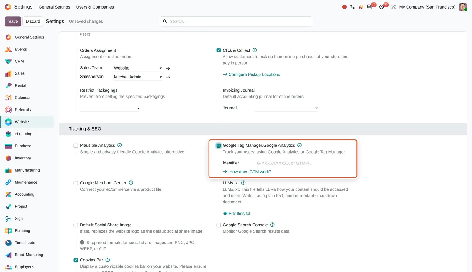 Odoo 20 Google Tag Manager (GTM): The single Identifier field, shared by Google Analytics and Google Tag Manager.