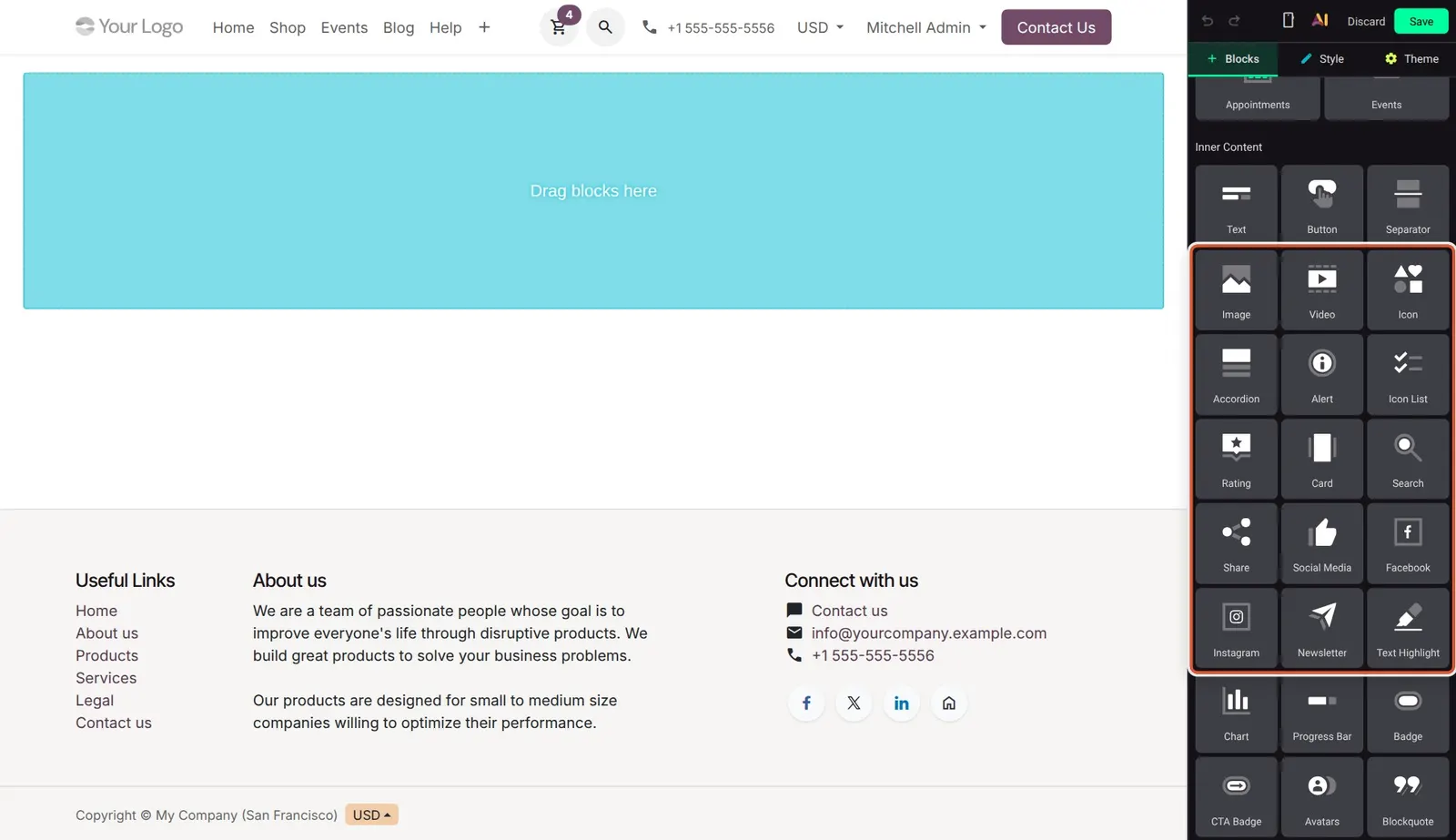 Odoo 20 Inner content blocks: icons and Instagram: The Inner Content tiles. The box spans from the new Icon tile (top right) to the new Instagram tile (bottom left).