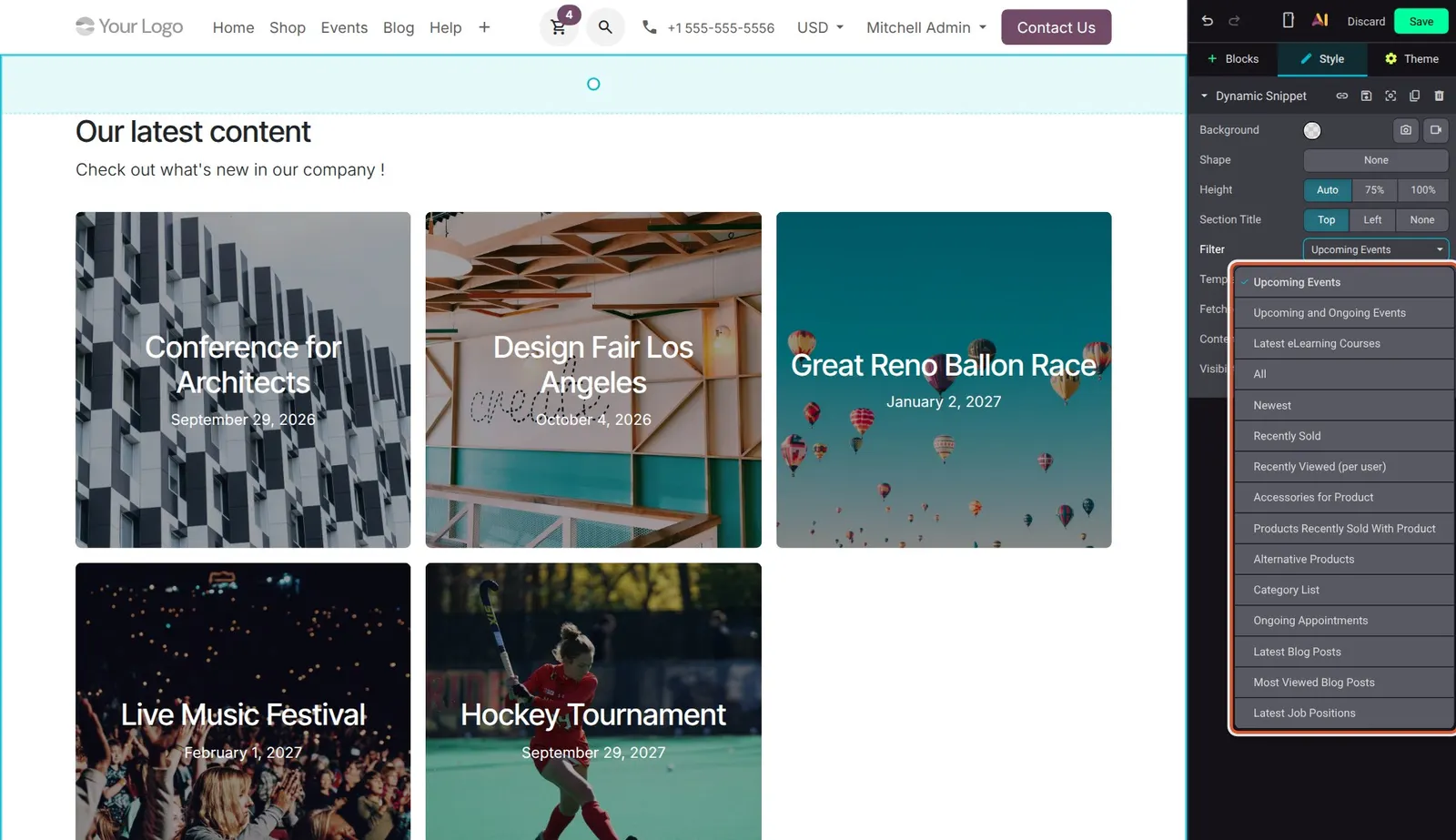 Odoo 20 Job and eLearning course building blocks: The Filter list of the Dynamic Snippet, which now includes Latest eLearning Courses and Latest Job Positions.