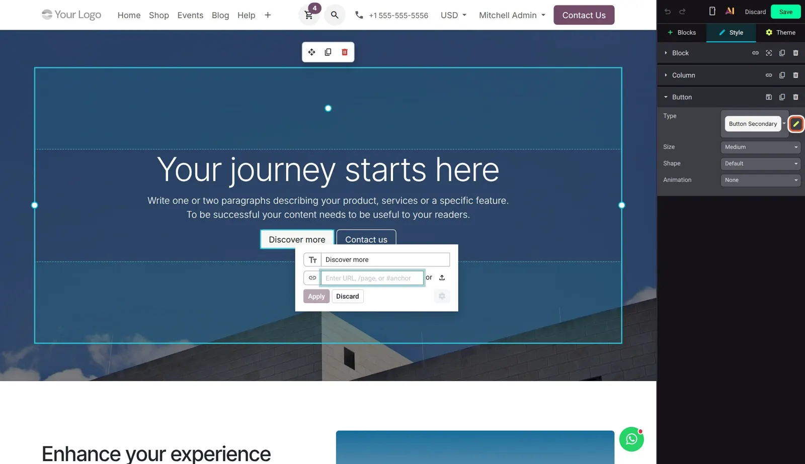 Odoo 20 Link and button styling: The pencil icon next to the button Type; it opens the Theme tab to edit this style for the whole site.