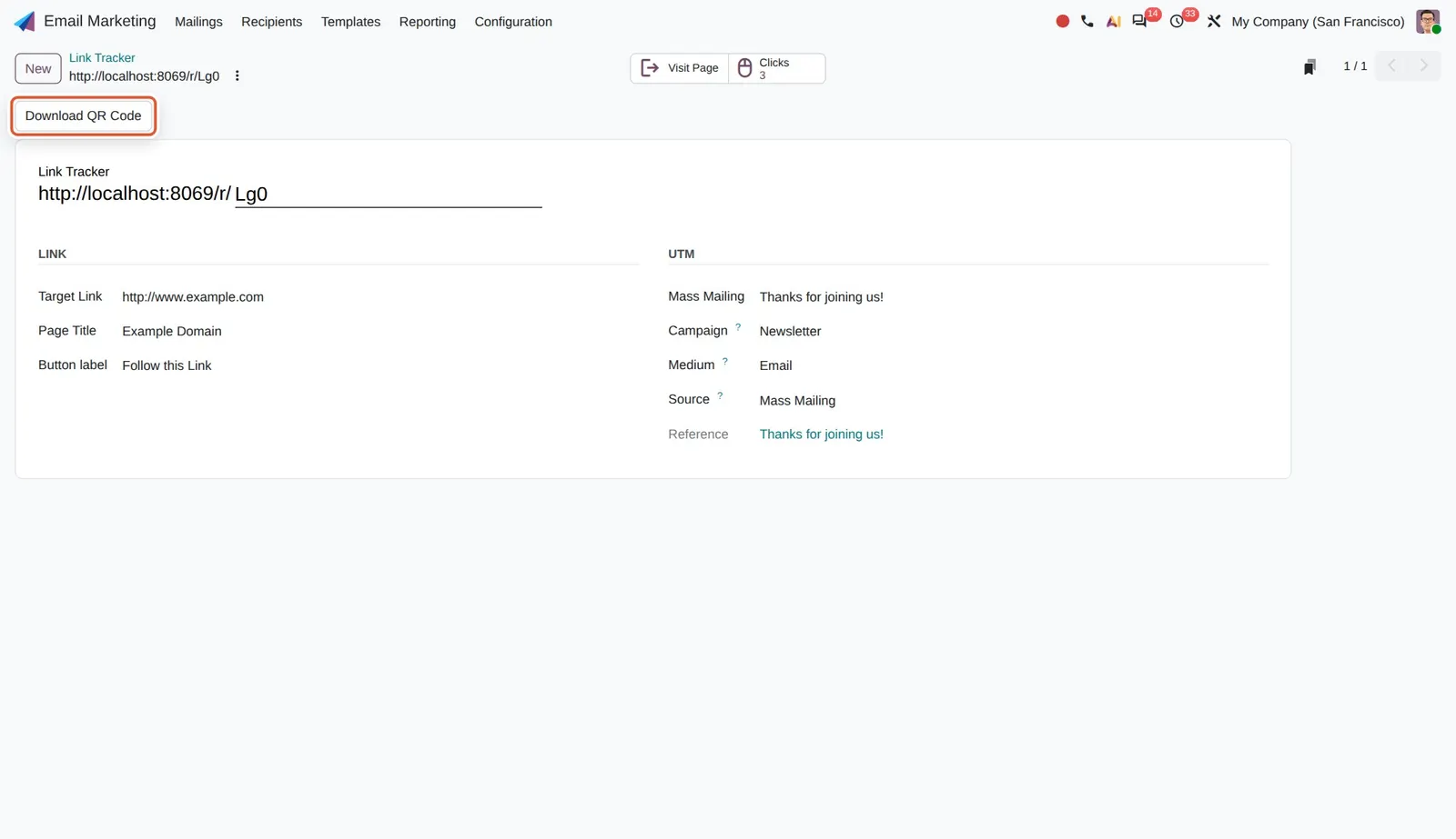 Odoo 20 Link tracker: QR codes: The new Download QR Code button in the link tracker form header.