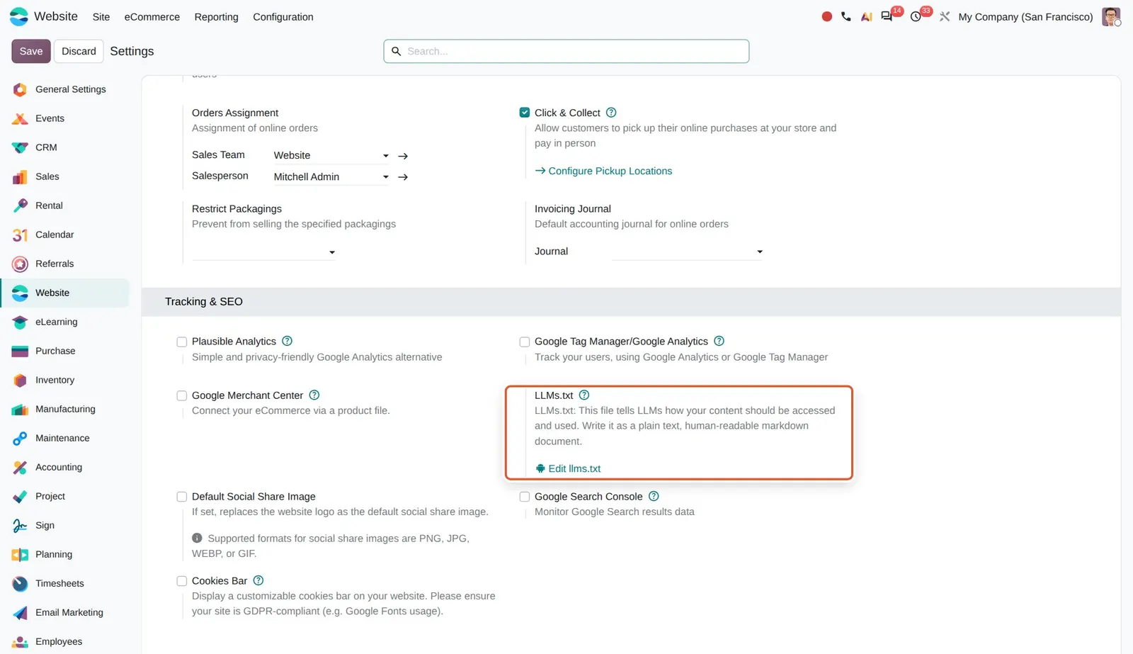 Odoo 20 llms.txt: The new LLMs.txt setting with its Edit llms.txt link.