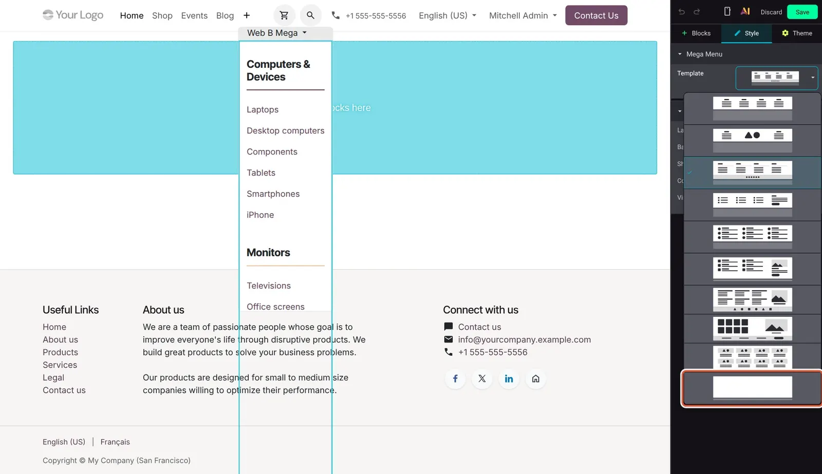 Odoo 20 Mega menu: The Template picker for a mega menu, with the new blank template boxed as the last option; it opens as an empty dropzone that accepts any block.