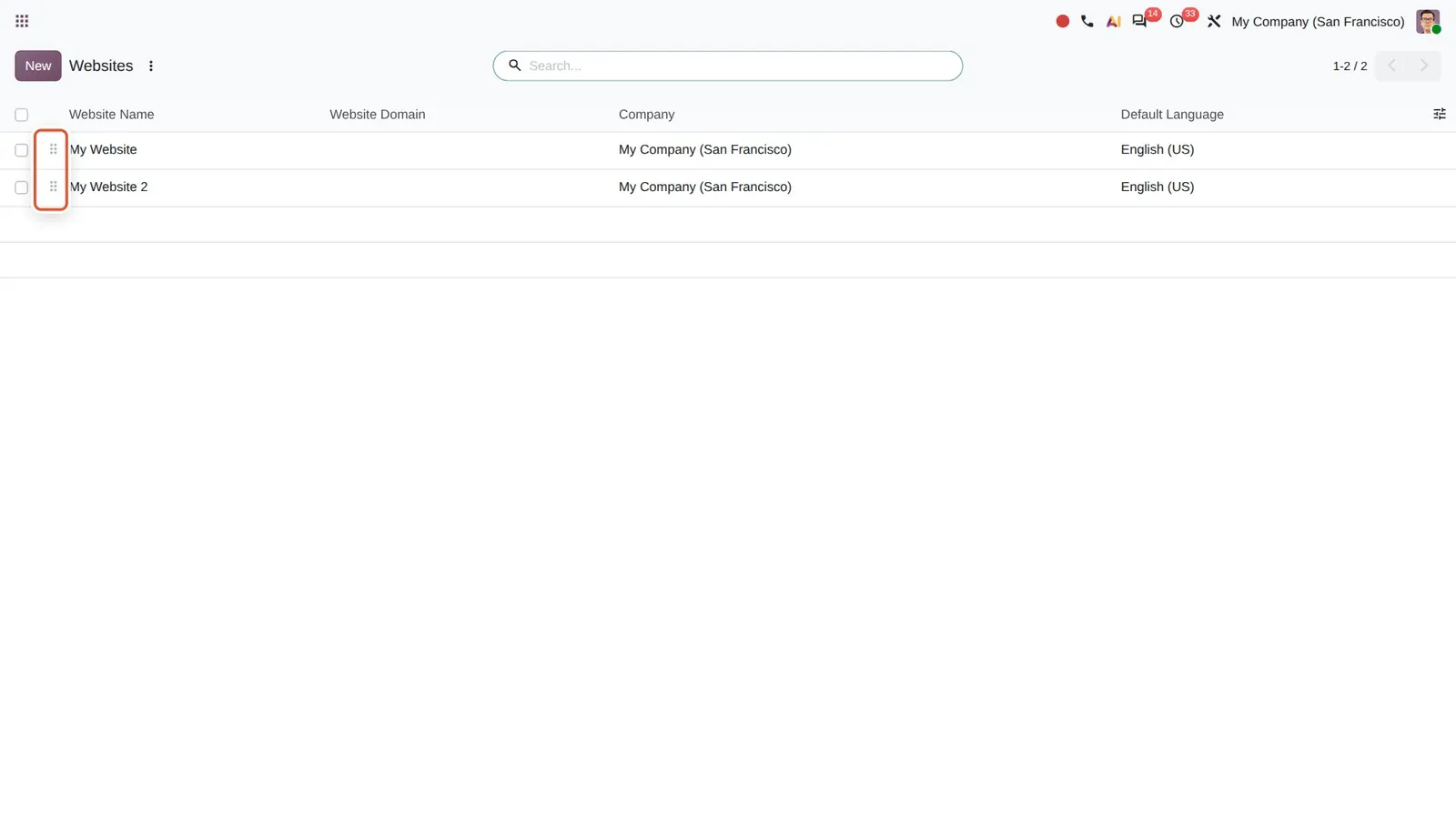 Odoo 20 Multiple websites: change default site: The drag handles used to reorder websites; the first website in the list is the default one.