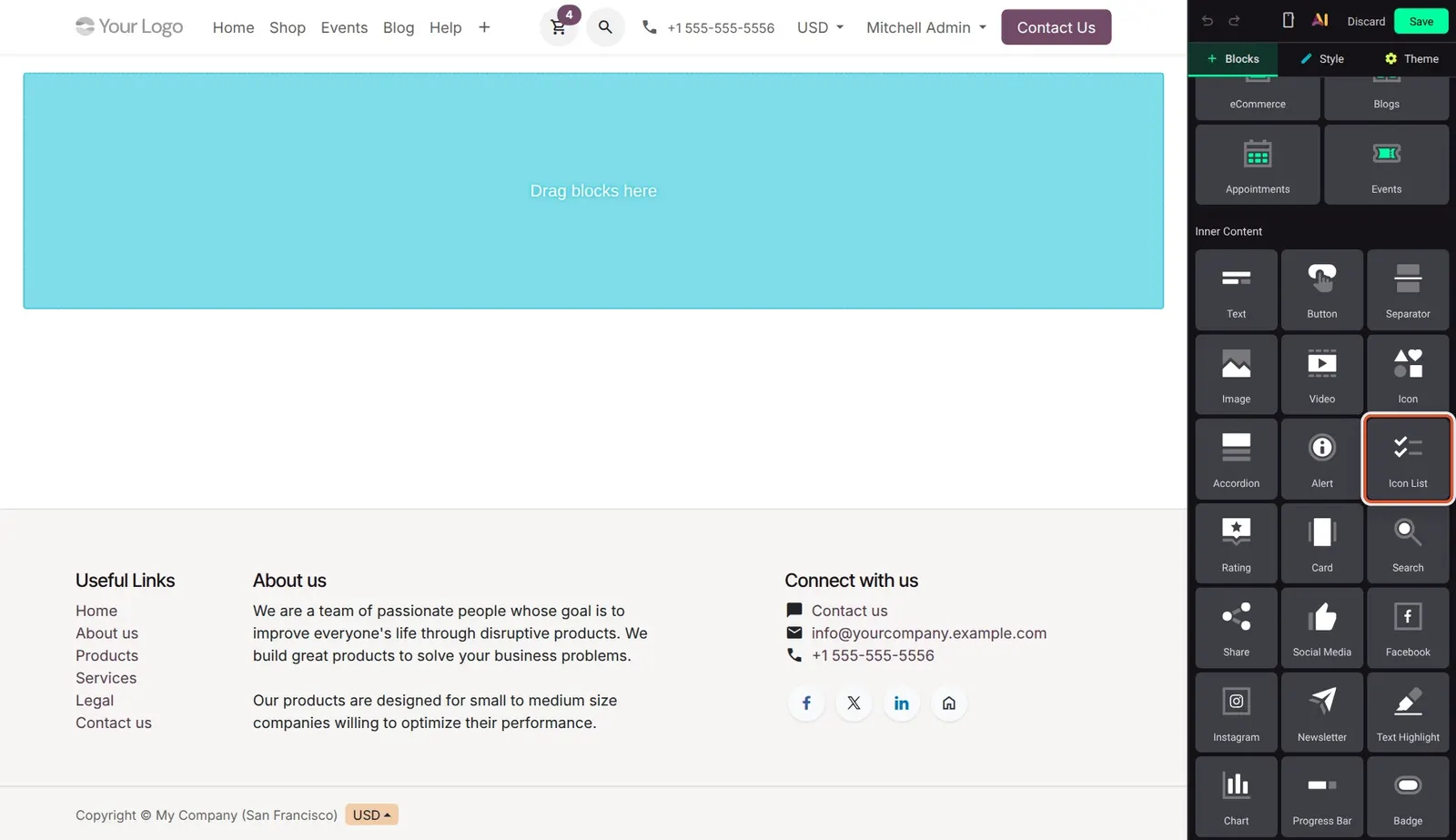 Odoo 20 New Icon List inner content block: The new Icon List tile in the Inner Content group.