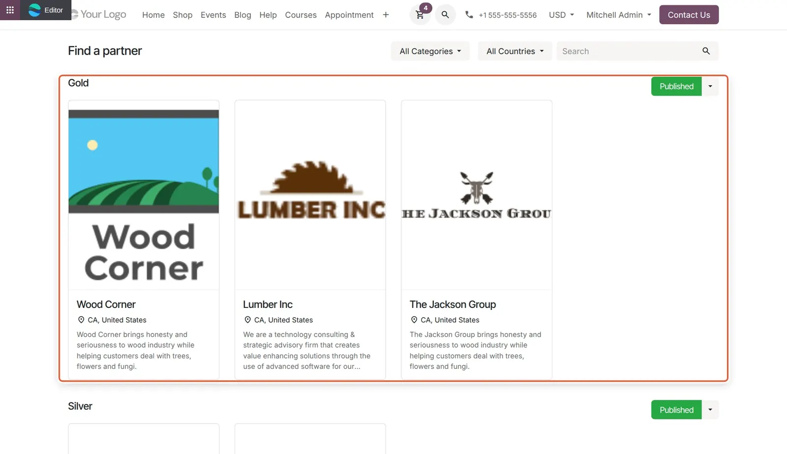 Odoo 20 Partners page: The public partners page grouping published partners by level, with the Gold group boxed.