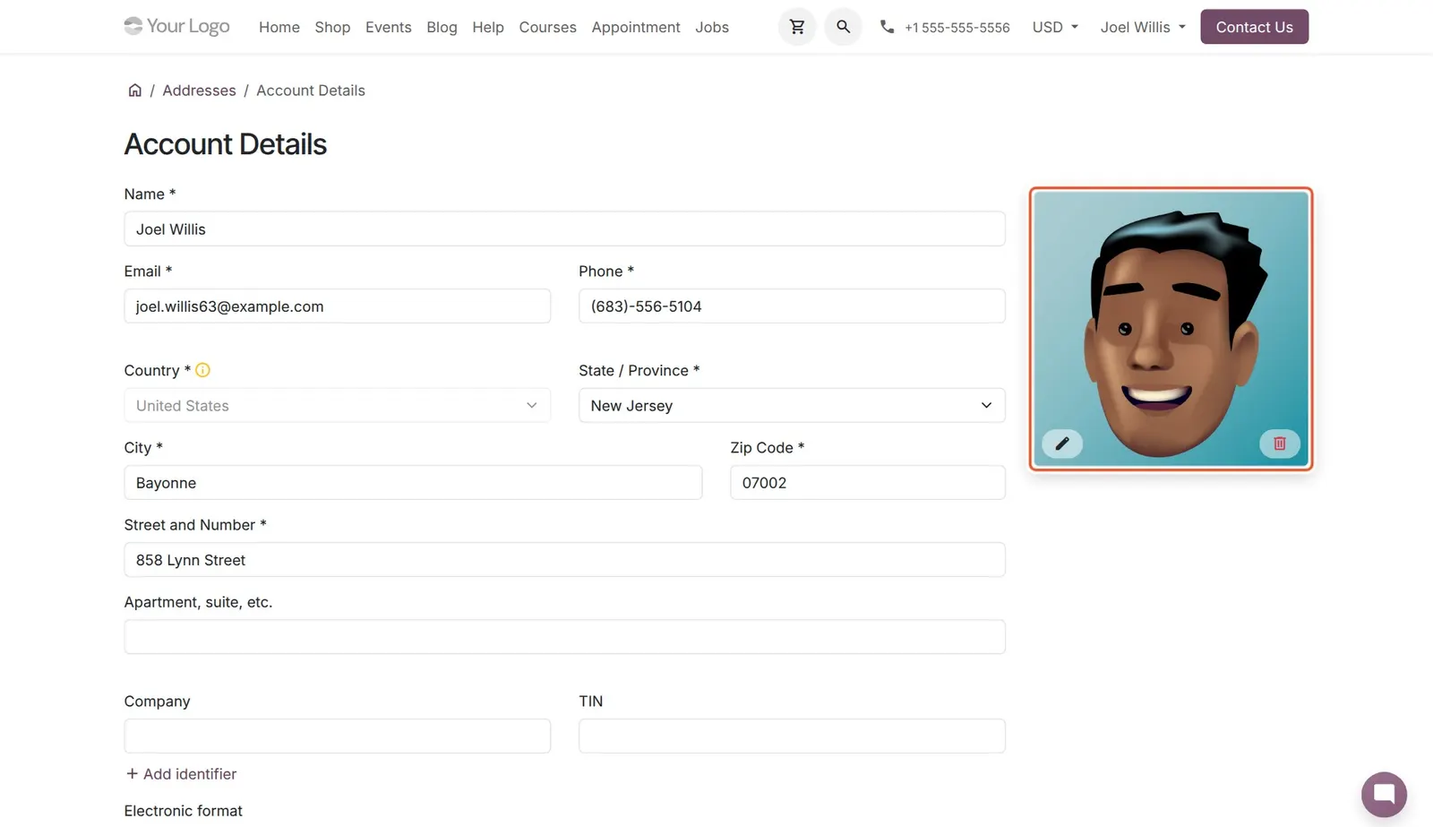 Odoo 20 Portal users: profile picture: Portal user Joel Willis sees his profile picture card with the edit and delete buttons.