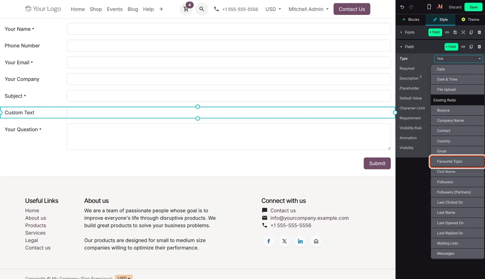 Odoo 20 Property fields supported in website forms: The Type dropdown for a new form field, with the Favourite Topic property boxed among the Existing fields for the newsletter contact.