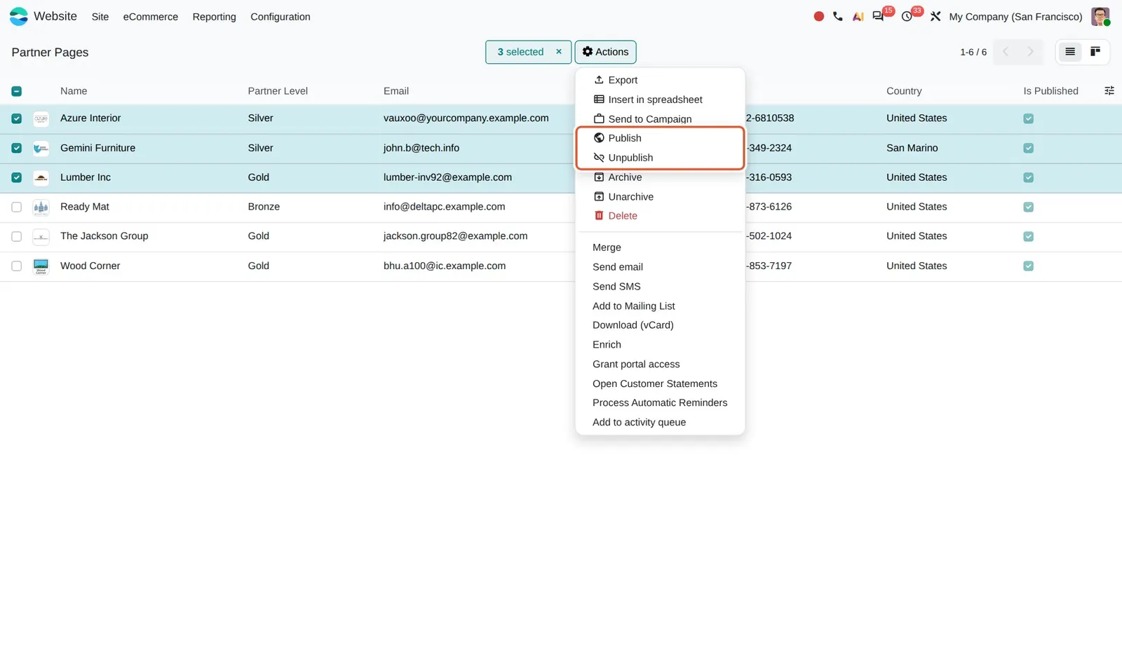 Odoo 20 Publish/unpublish partners: The Partner Pages list with three rows selected and the Actions menu's Publish and Unpublish entries boxed.