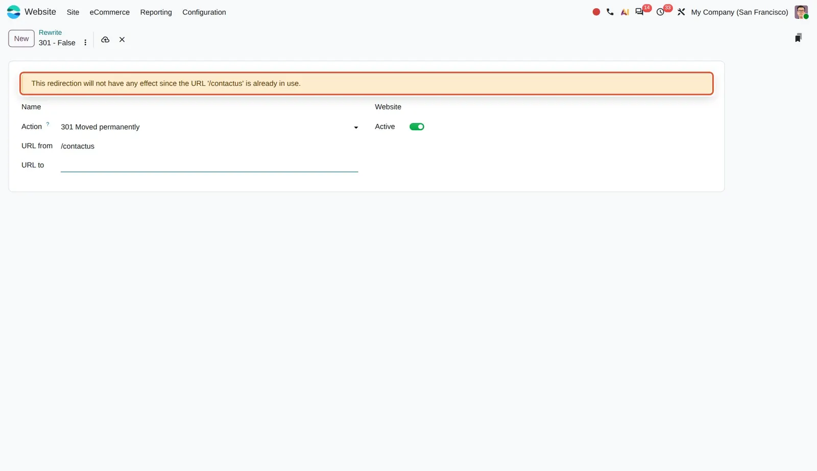 Odoo 20 Redirections: The warning shown as soon as URL from is a page that already exists; Action is already 301 and the name is generated.