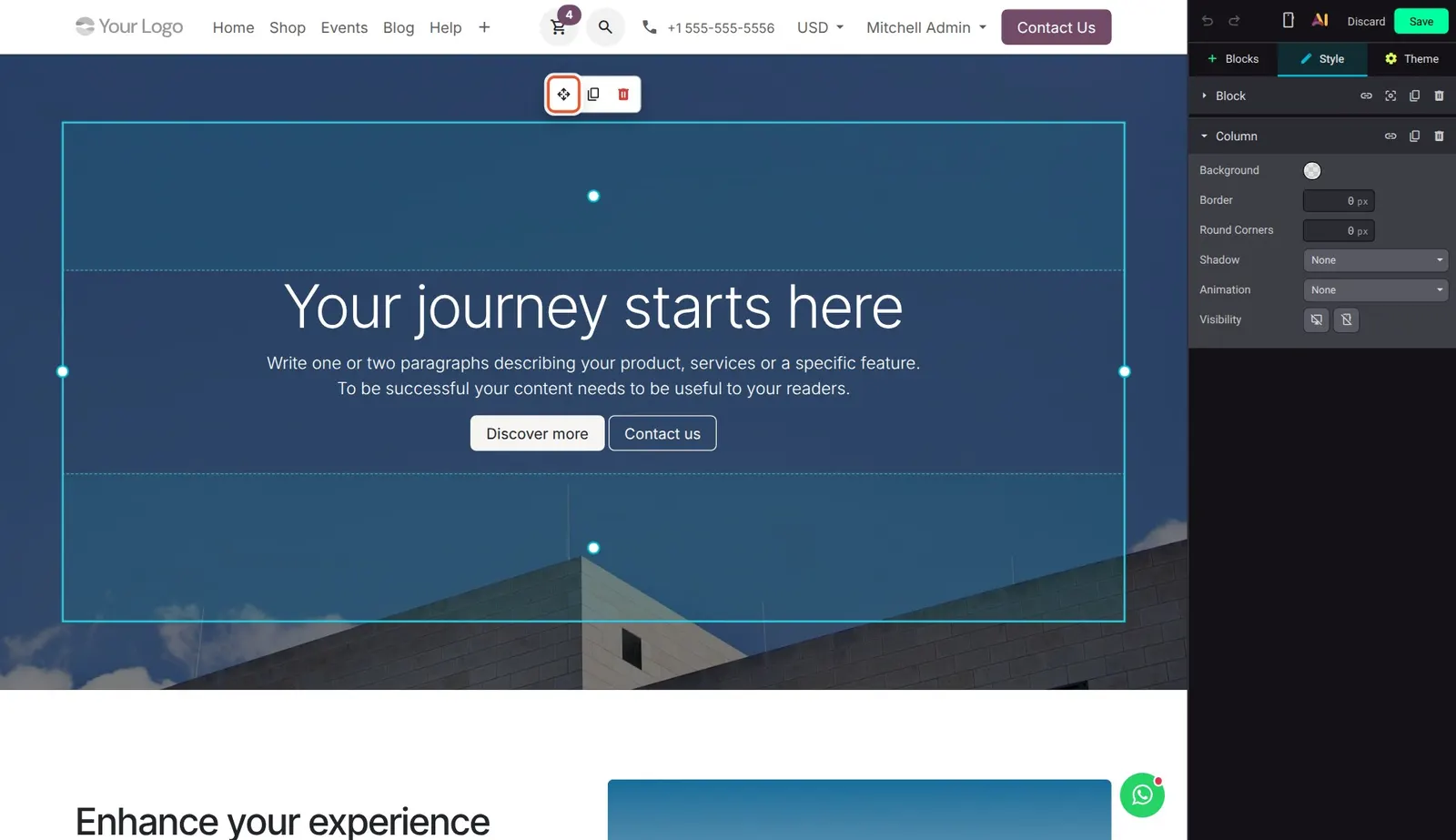 Odoo 20 Repositioning text over cover image: After clicking the cover title the whole text column is selected; the box shows its drag and move handle.