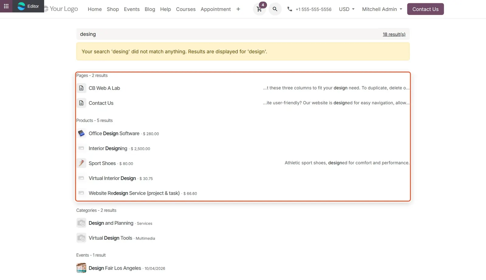 Odoo 20 Search results: A misspelled search with the fuzzy-match notice above it and the Pages and Products result sections boxed together, showing the new grouped layout.
