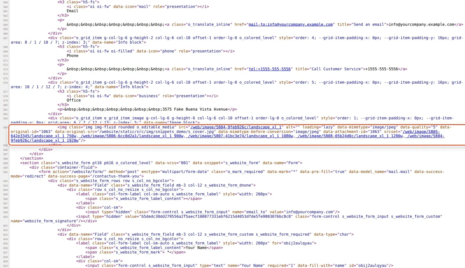 Odoo 20 SEO: The saved image's srcset attribute listing several resized copies of the same picture for different screen widths.