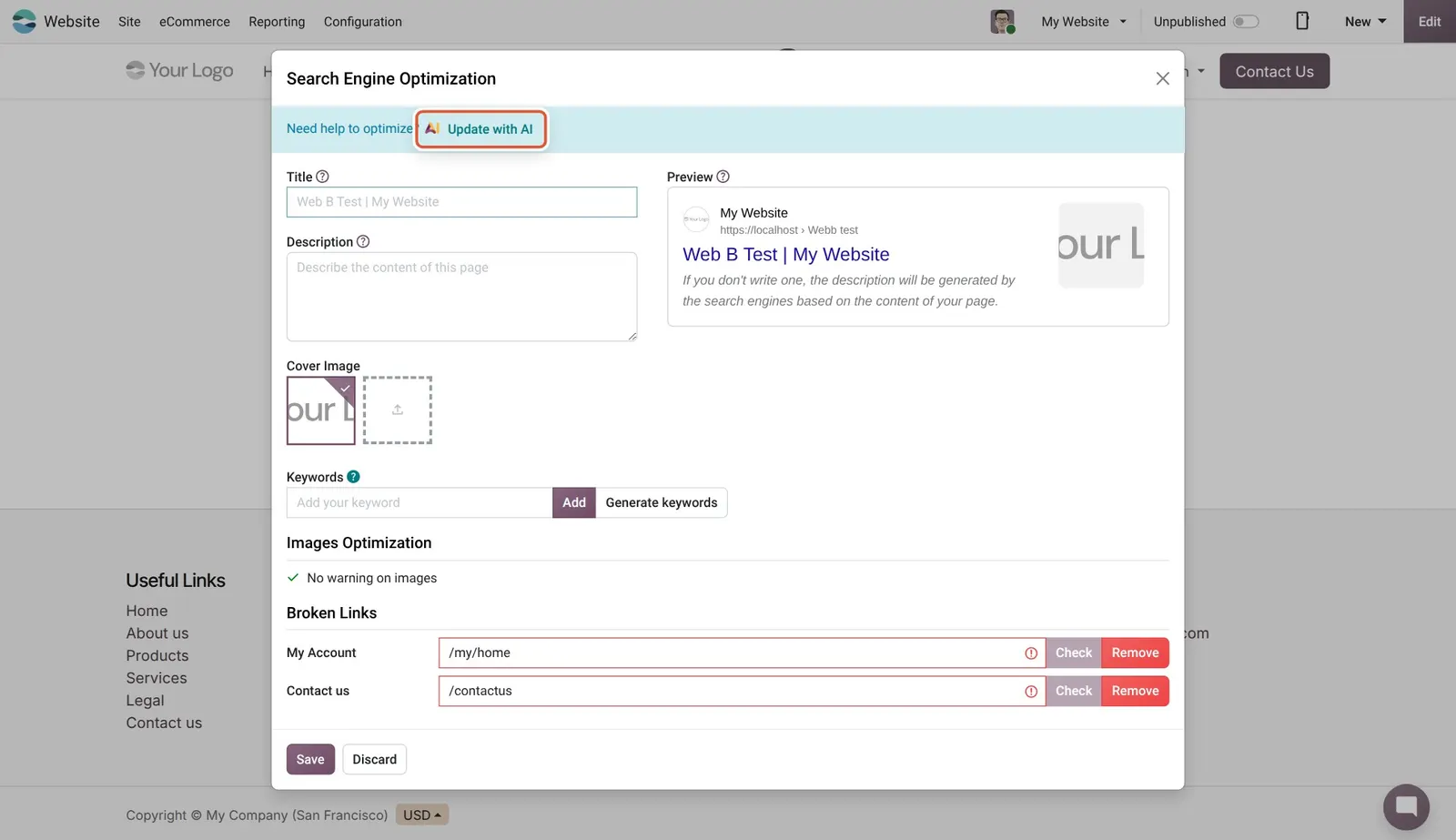 Odoo 20 SEO: The Search Engine Optimization dialog with its new Update with AI button boxed.