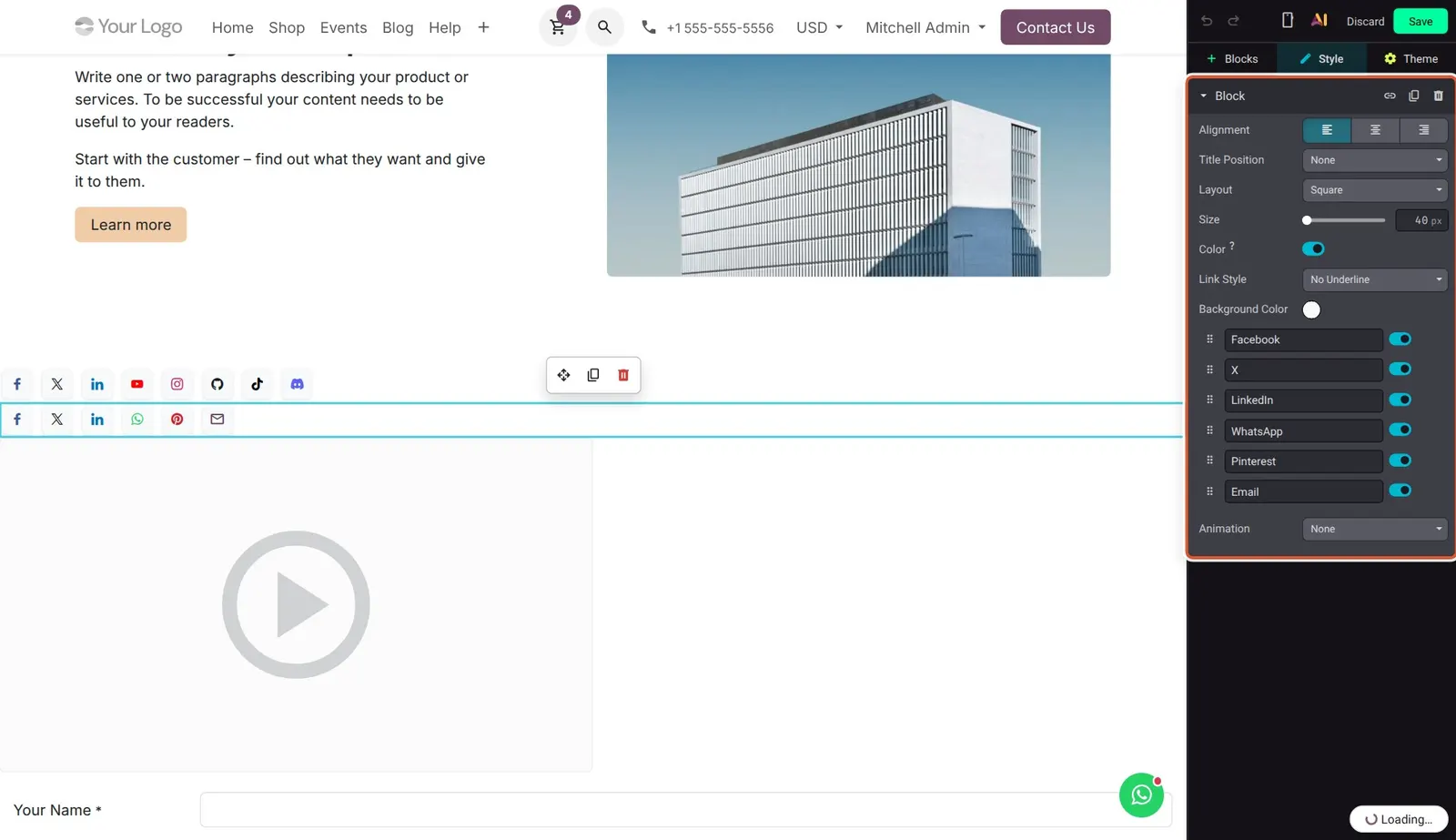 Odoo 20 Simplified inner content blocks: The simplified Share options: common layout and size settings plus one switch per network.