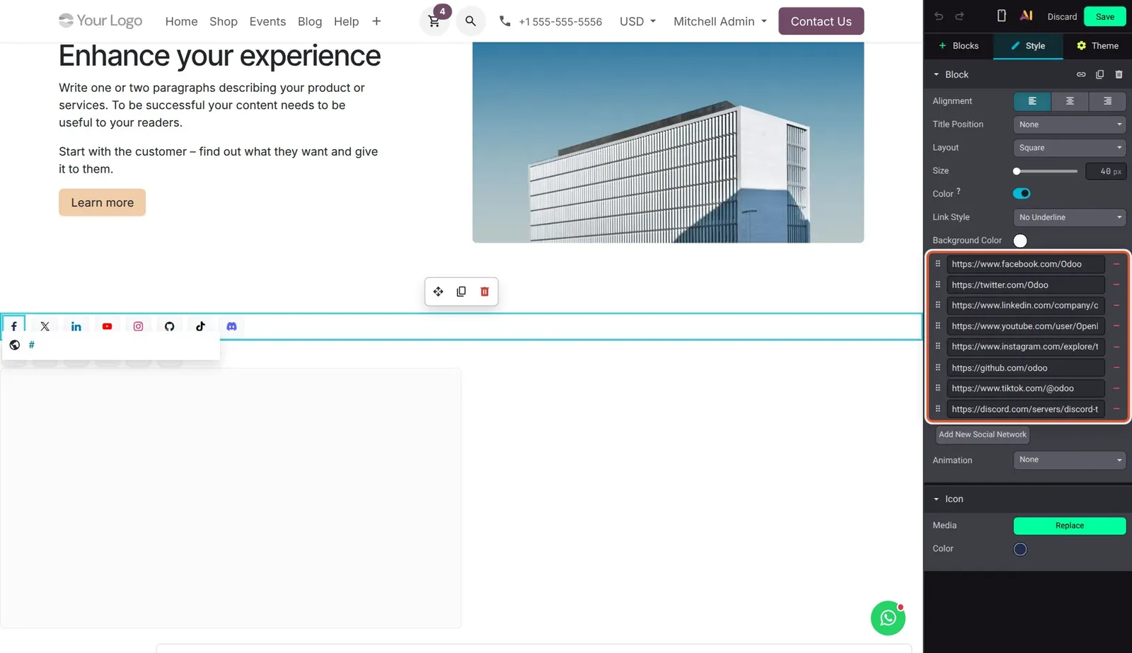 Odoo 20 Social media links: The list of social links: one URL row per network, with drag handles and remove buttons.