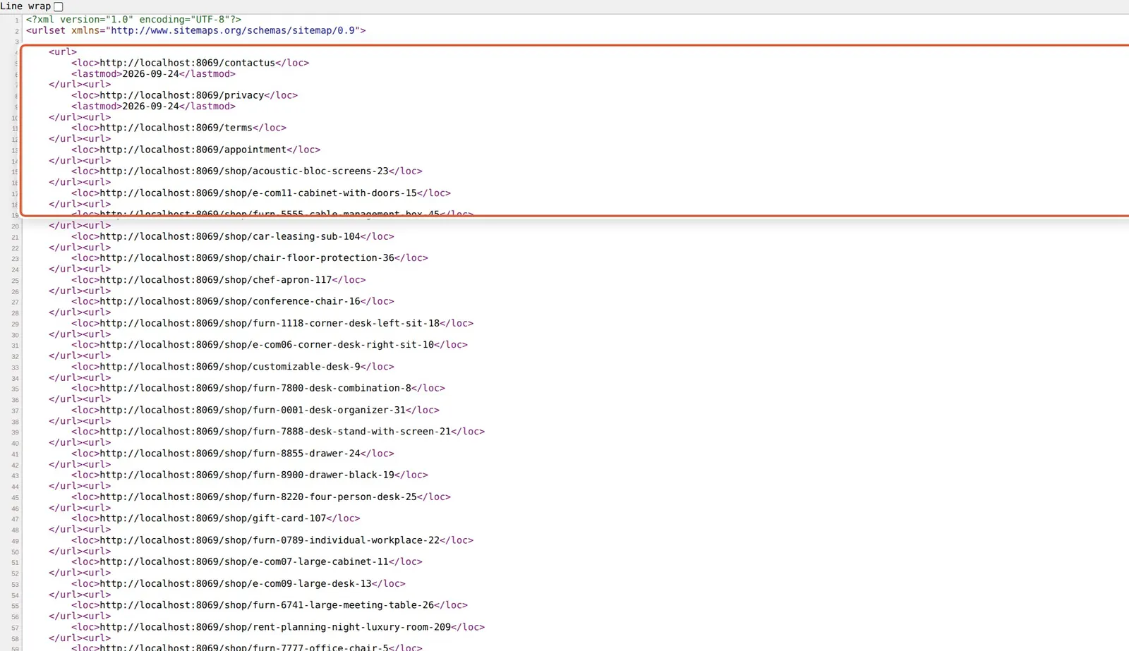 Odoo 20 Sitemap enhancements: The generated sitemap.xml, with a boxed block of listed URLs that all resolve to real 2XX pages.