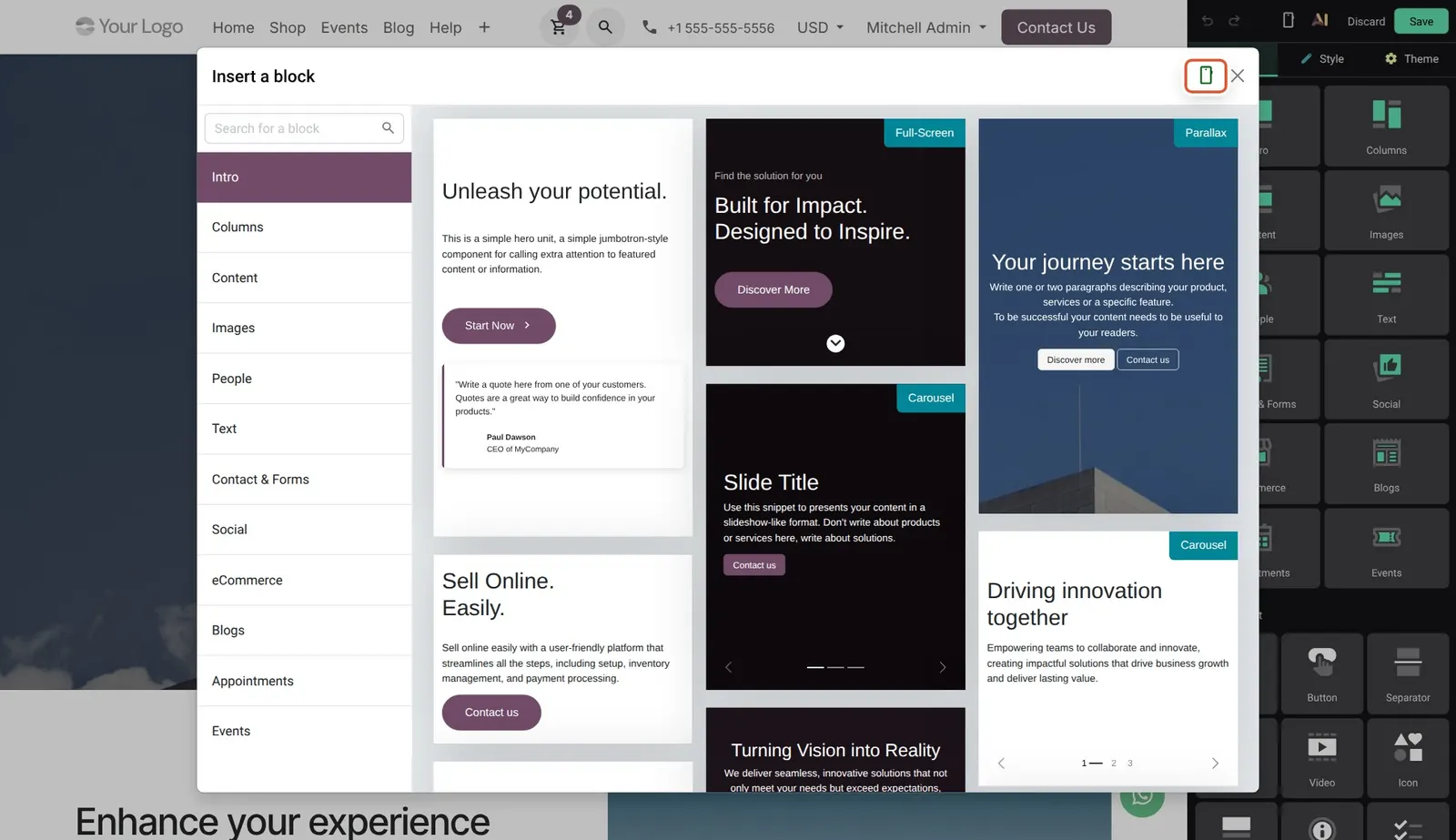 Odoo 20 Block preview for mobile devices: The Toggle Mobile Preview button (active, in green); the block previews are shown at phone width.