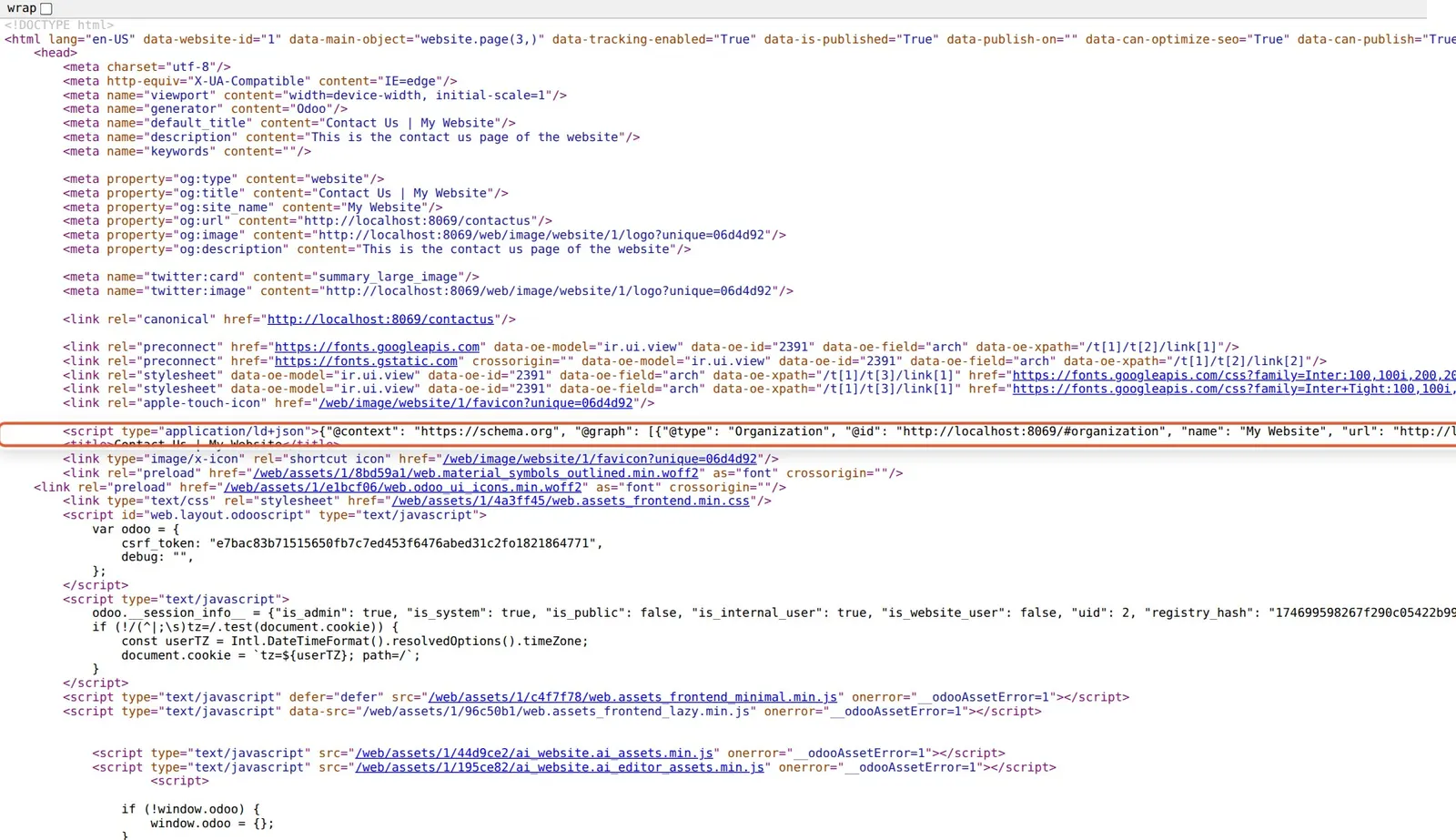Odoo 20 Structured data: The application/ld+json script tag embedded in the page head, boxed, containing the Schema.org structured data.