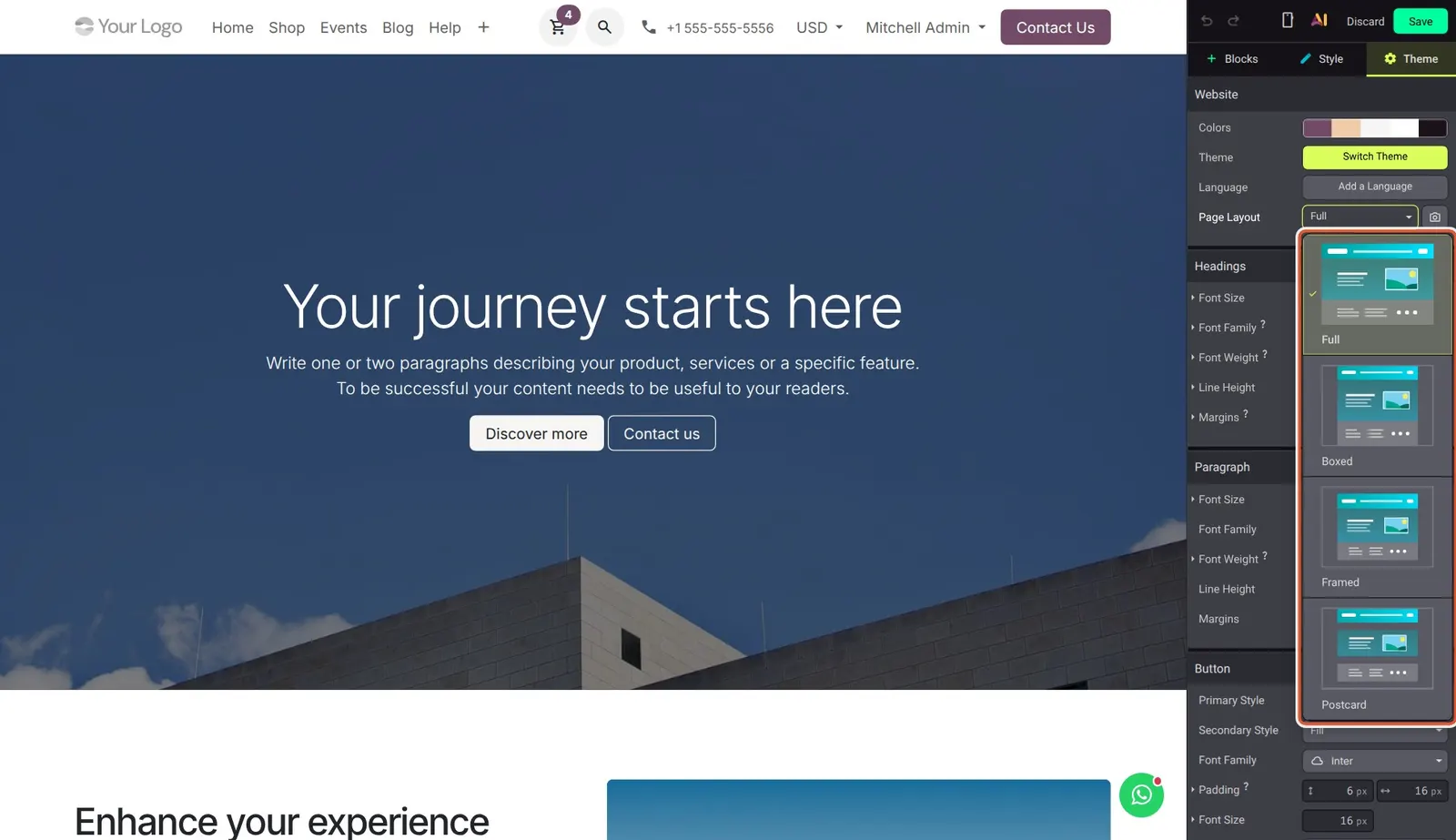 Odoo 20 Theme layout and background options: The Page Layout choices, each with a preview image.