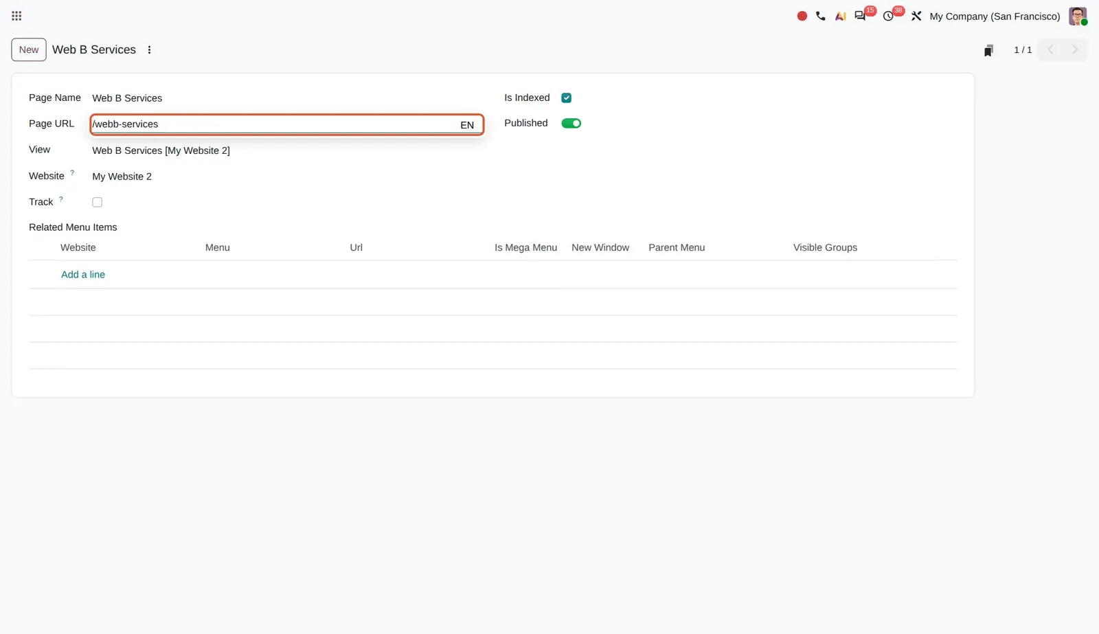 Odoo 20 Translation: The Page URL field on a website page's form, with its EN translate button boxed.