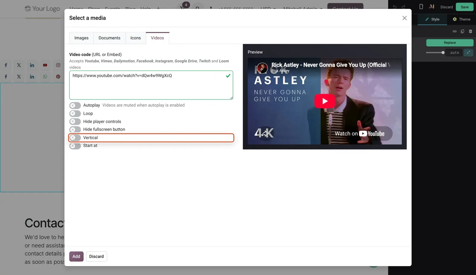 Odoo 20 Vertical video format: The video options list with the new Vertical row boxed, next to Autoplay, Loop and the other playback options.
