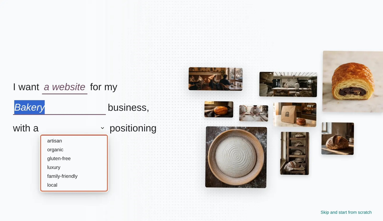 Odoo 20 Website configuration wizard: The wizard after typing an industry, with its AI-generated positioning options boxed.