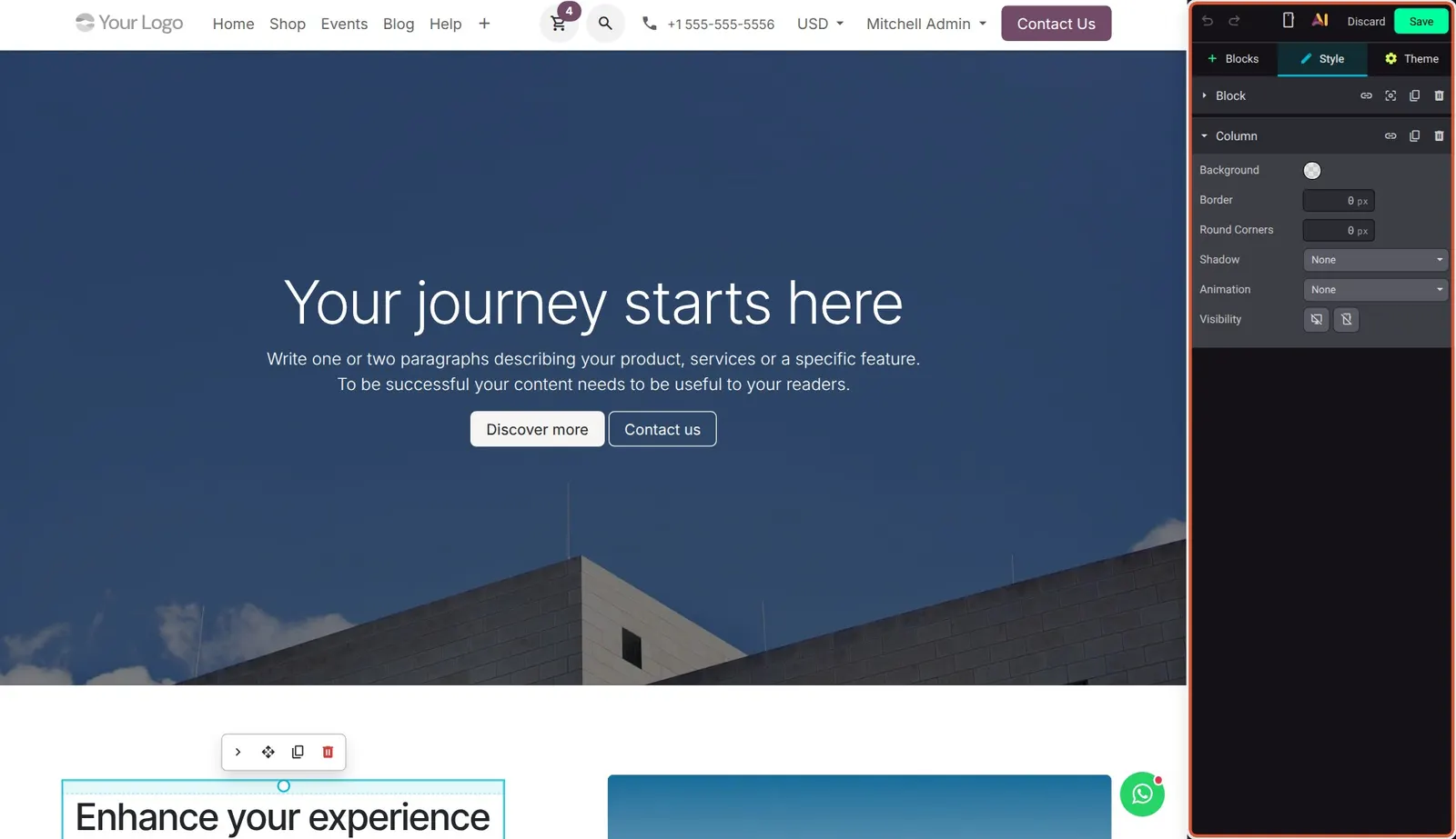 Odoo 20 Website editor UI/UX: The Website editor sidebar with its Blocks, Style and Theme tabs and the new folded option groups.